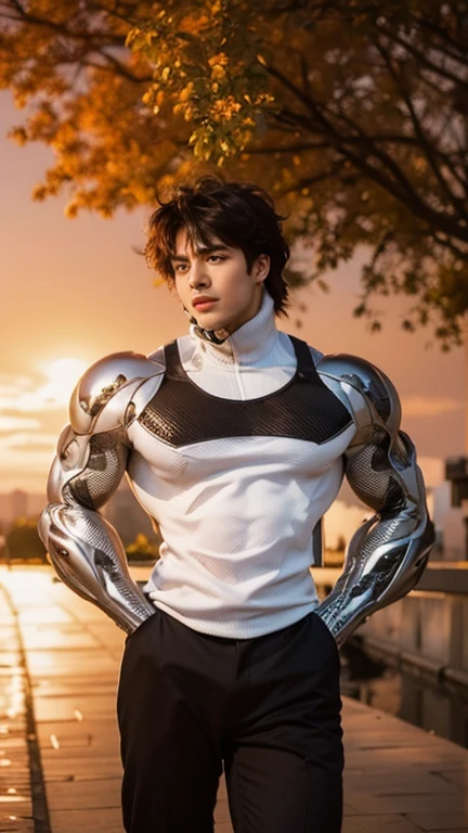 masterpiece,best quality, (A 16-year-old tall boy with a well-developed physique:1.2), (Kneeling upright on the roadside of the campus:1.2),（White tight cycling suit）,Broad shoulders,Muscular shoulders，（Extremely strong body），Attractive and fit body，Inverted triangle figure，Biceps，Highlight muscle texture，Front view， Muscular body，Small head，Handsome and cute face，V-Shaped Face，Perfectly detailed facial features,Looking at the camera，Innocent expression，leaning back,head tilt, happy, very short hair, brown hair,(looking at viewer:1.2)，Wide-angle lens