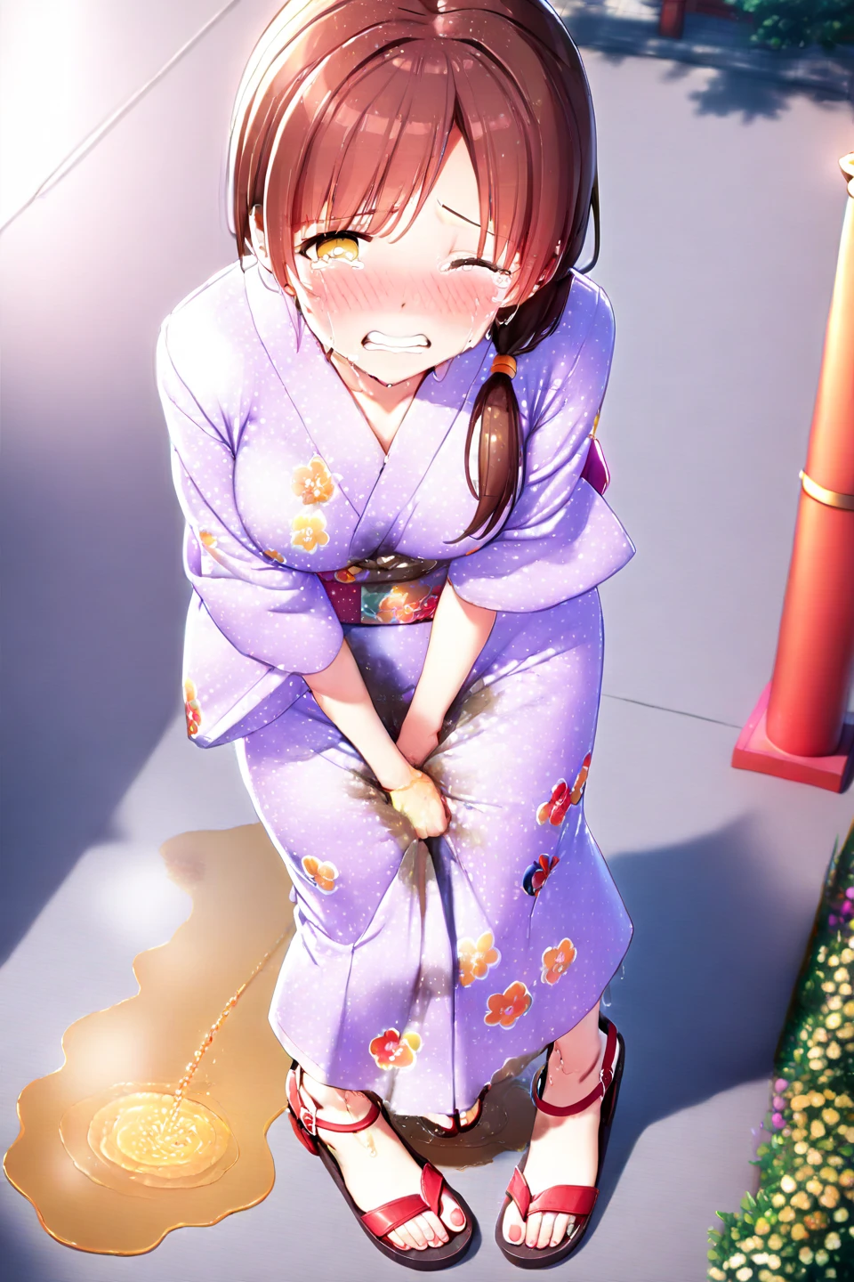 nsfw, (masterpiece, top quality, best quality, highly detailed:1.6), extremely detailed CG unity 8k wallpaper, (full body), wide shot, long shot, (leaning forward, ((close knees, hands between legs)), pee running down legs:2), ((standing)), (((clutching crotch))), strong facial expression, (sharp eye:1.2), (scowl:1.1), (embarrassed, blush:1.3), (steam:1.9), (wet:1.2), (sweat:1.1), (trembling:1.3), (open mouth, wavy mouth:1.4), (harf open eyes:1.5), (feeling weak:1.5), (one eye closed, wink), (shoot from front, looking at viewer:1.2), (woman standing on the shrine, shrine maiden, red hakama:1.5), Sandals, White yukata, colorful, full body, wide shot, perfect composition, (woman trembling with sexual climax), urination, incontinence, piss, peeing self, A lot of pee, having an accident, pee running down legs, Crossing legs, (((pee stream))), (pee puddle), wetting herself, pee stain, peeing, blush, trembling, embarrassed, (long hair, jet black hair), Yellow pee, Rubbing knees, ((leaking pee)), leaning forward, hand between legs, (Touching the crotch:1.6), Shaking one's shoulders, Breaking a sweat on forehead,(Rubbing the crotch with your hands:1.5), puddle of pee, Pee at your feet, Pee spread on the floor, Pee stains, Dripping pee between my legs, Feet wet from pee, Pee-covered feet, Pee at your feet, want to pee, about to pee, Full bladder, Pee-soaked Sandals, Pee-soaked ankle socks, The limit of holding in pee, A big pee, Pleasant pee, a big puddle of urine at my feet, can't stand it and urinate, can't stand peeing, Non-stop peeing, Unstoppable peeing, A dress wet with pee, can't make it to the toilet in time and I pee, A pleasant feeling of urination after holding it in to the limit,