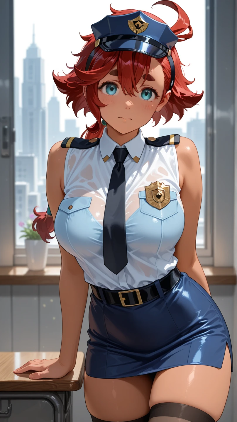 Masterpiece, best quality, detailed face,Nishikino maki, short hair, facial, (cum:1.2), pov, angry, Blushing, humiliated, open mouth, blue shirt,half sleeves, necktie,earrings, black belt, tight white low pants, midriff, standing, sadistic pose, ass visible through thighs, police cap,in street, toned stomach, from below, looking at viewer, torn clothes,sitting,on knees , from above, against wall