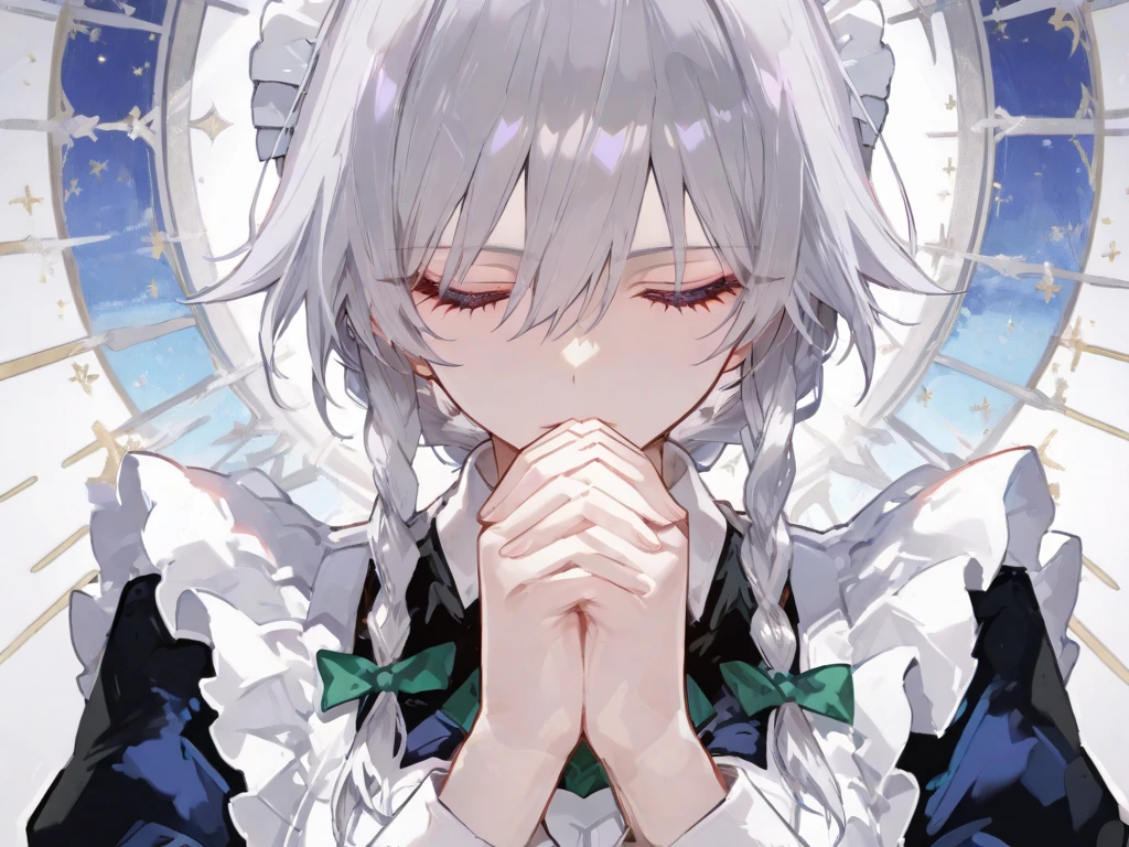 masterpiece, best quality, very aesthetic, absurdres, 1girl, mature_lady,nun_clothes,black_and_white_clothes, nun_headcovering crucifix, praying, interlocked fingers,closed_eyes,tears_in_eyes, head down,holy_light ,bathed in divine light,,silver_wolf, gray eyes, high ponytail,,in an amusement_park,glowing stardust frontground,fantasy,sparkling,fireflies,covered_nipples