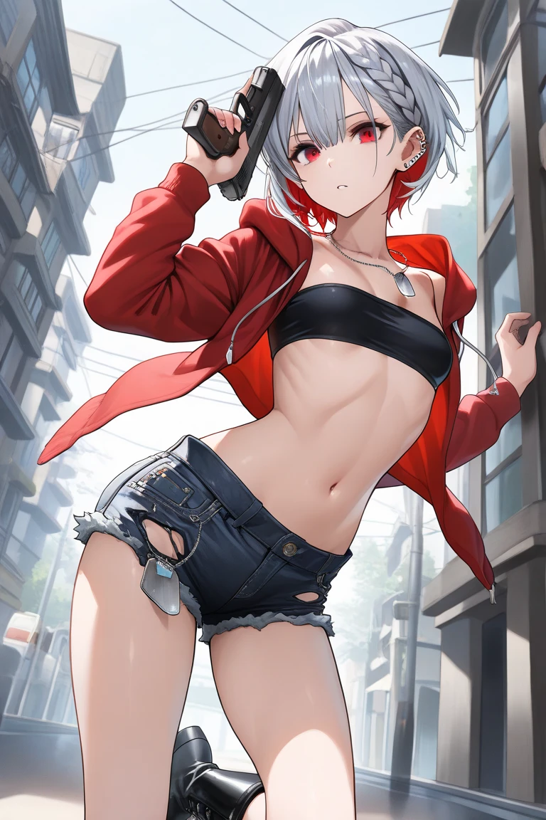 Action Sceneasterpiece, highest quality:1.2)),cowboy shot,1woman,20 year old beauty,solo,((very small head)),short hair,messy hair,light blue hair,blue eyes,blunt,((very long and slender body)),toned body,skinny,medium breasts,shiny skin,oily skin,Bullish expression,Red leather jacket、 Red tight mini skirt、black tube top bra、black_thighhighs,Dynamic Pose、Bounty Hunter、Holding a handgun in your hand、(point the gun at the viewer、Fire-breathing muzzle)、Gunfight、on street,Big cities、Cyberpunk World、