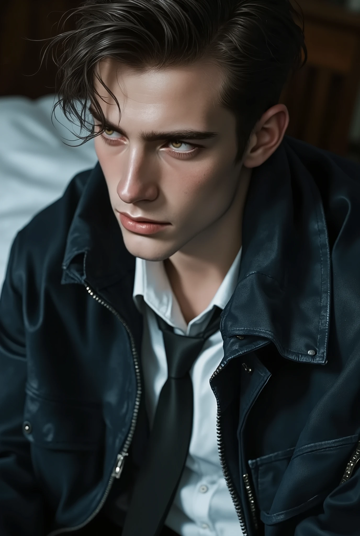 First person point of view, A handsome young man with short SaddleBrown hair, hazel eyes, On the bed, Sit-up position, wearing: The upper part of the outfit consists of a sharp mix of rugged and refined elements: a MidnightBlue suede wrinkled zip-up jacket layered over a classic white dress shirt slightly open and a loose black tie. The contrast between the rugged texture of the jacket and the formality of the shirt-and-tie combo gives it a bold, fashion-forward edge with a touch of street-smart sophistication (masterpiece:1.2), (best quality:1.2), (very aesthetic:1.2), (absurdres:1.2), (detailed clothes:1.2), (detailed eyes:1.2), (EyesHD:1.2), newest, intricate details, dark lighting, dramatic atmosphere, slightly high angle, chiseled chest.