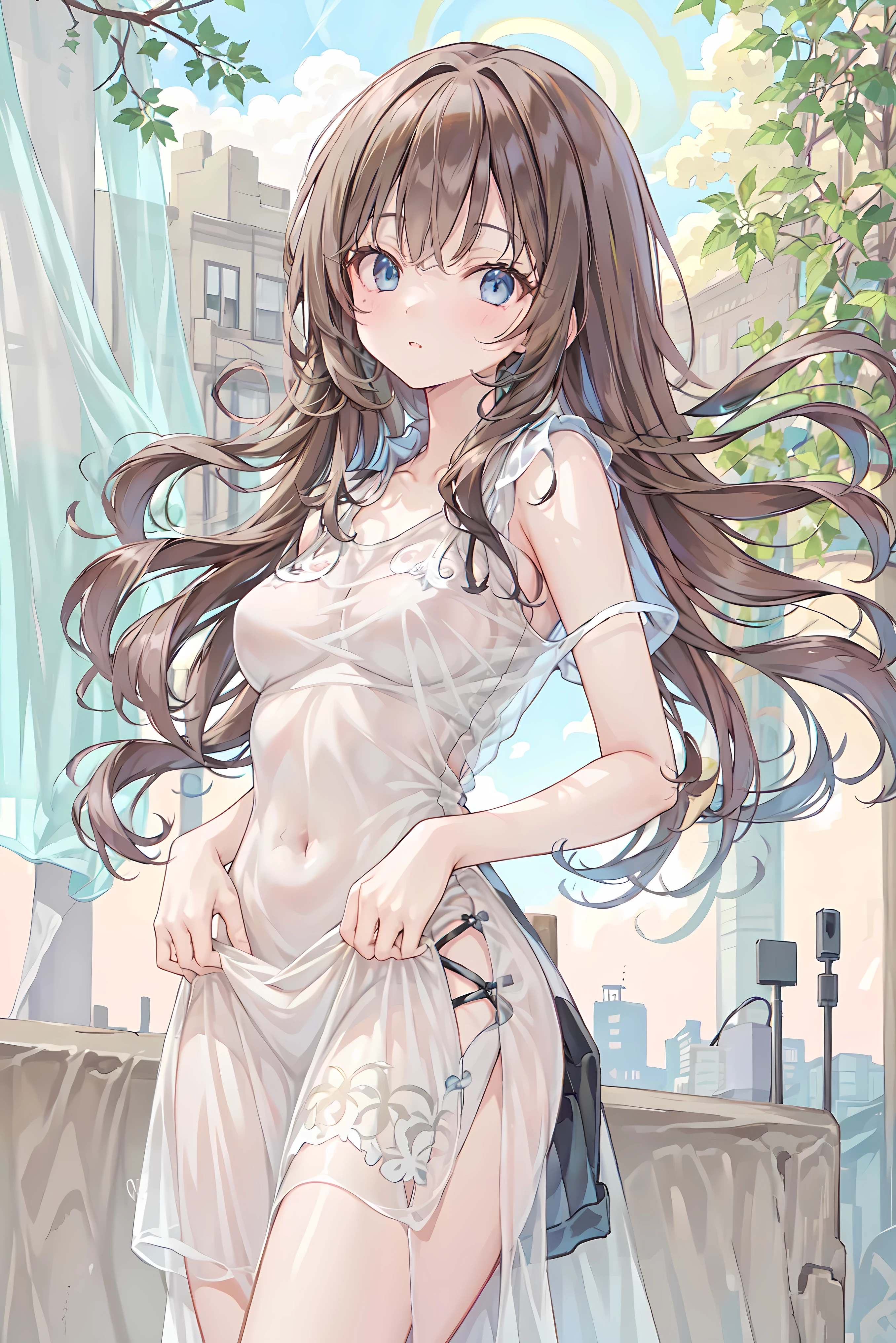 Mai Sakurajima in Rascal Does Not Dream of Bunny Girl Senpai, one cute woman, light brown hair, white sailor dress, brown eyes, hands rub breast, wet and see through, hard Nipple erection:1.9, Through nipple, looking at viewer, shy, (masterpiece, top quality, best quality, official art, (beautiful and aesthetic:1.2), (1 girl), extreme detailed, colorful, highest detailed, (medium breasts), upper body, from below, cameltoe:1.3, detailed white thong see through panties, skirt lift:1.2, underboob, city street, sun, cloud, wall, leaning, perfect proportion:1.2,