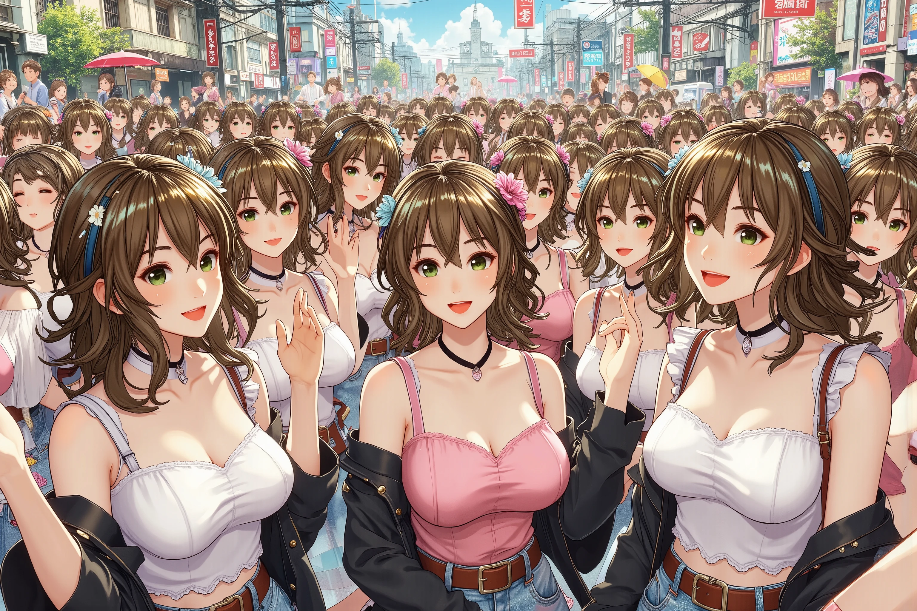 (((Myself=Japanese Beautiful Super Clones multiply girls))), (((((Depiction of Super Clones Multiply Girls by Myself Only in a huge crowd))))), (((high quality Animation Art))), (Super Best masterpiece, 16K, best quality, ultra high resolution, The highest degree of perfection of the work), (((super very cute smile, happy expression, Brown Hair Girl))), (((((Very Beautiful, Detailed and Accurate Female Body Movement, Very accurate and comfortable movement of hands and feet, super big , emphasizes cleavage))))), (((Spring Casual Outfit))), (((Super Clones multiply girlsは世界中で超大増殖))) (Very detailed and accurate1Point perspective drawing, Ultra-wide field of view, Super wide view, Depict various angles, No need for a center subject),
