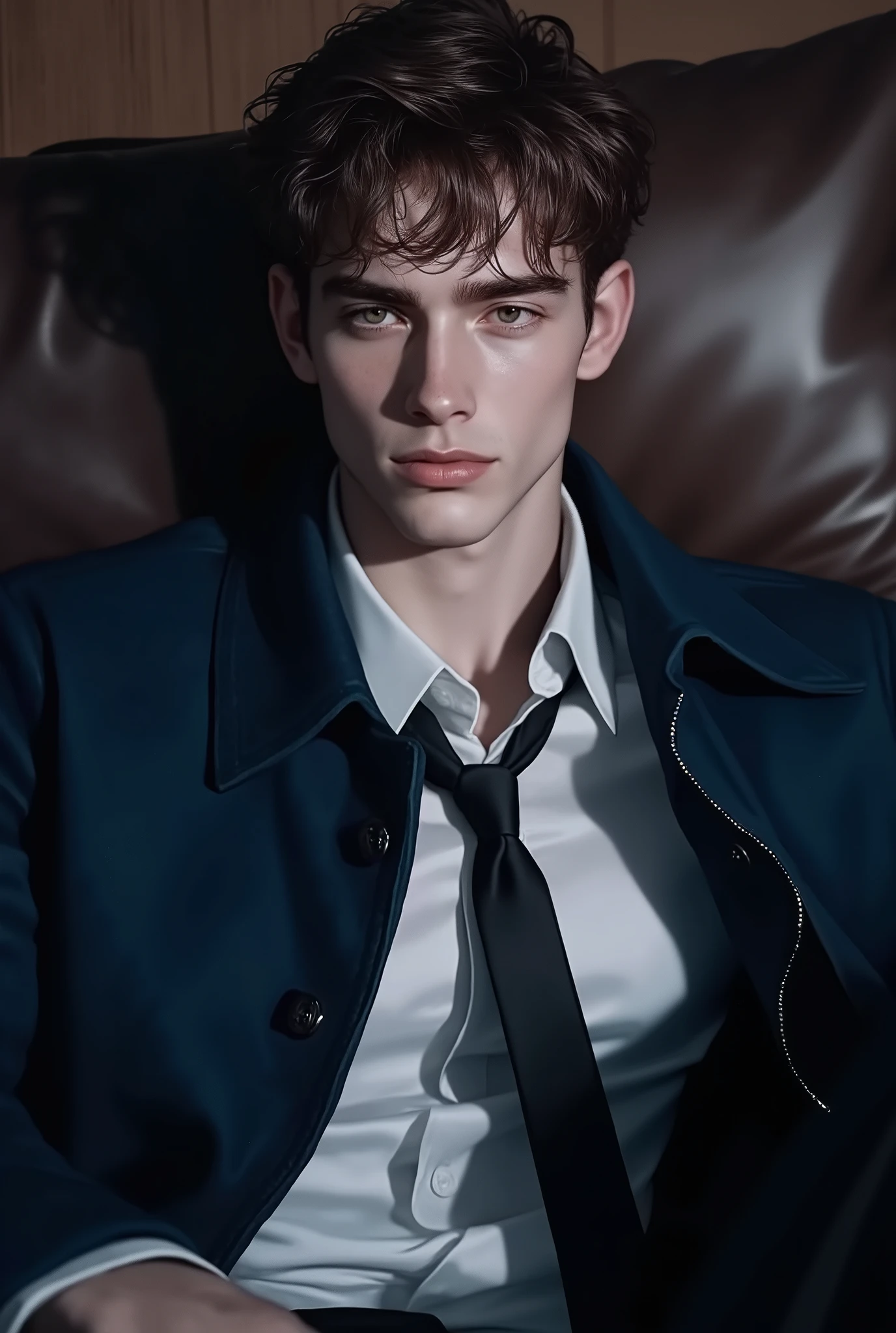 First person point of view, A handsome young man with short SaddleBrown hair, hazel eyes, On the bed, Sit-up position, wearing: The upper part of the outfit consists of a sharp mix of rugged and refined elements: a MidnightBlue suede wrinkled zip-up jacket layered over a classic white dress shirt slightly open and a loose black tie. The contrast between the rugged texture of the jacket and the formality of the shirt-and-tie combo gives it a bold, fashion-forward edge with a touch of street-smart sophistication (masterpiece:1.2), (best quality:1.2), (very aesthetic:1.2), (absurdres:1.2), (detailed clothes:1.2), (detailed eyes:1.2), (EyesHD:1.2), newest, intricate details, dark lighting, dramatic atmosphere, slightly high angle, chiseled chest.