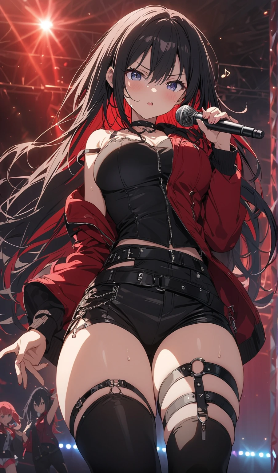 1girl, Beautiful girl, Body length 150 cm, 20 years old, ((Black hair, Double tail hairstyle, (Red hair dye, PeekABoo Underlights Style Hair Dye)) , ((red eyes)), realistic eyes, beautiful and sharp eyes), ((Idol clothing)), medium breasts, ((She holds a microphone and sings happily on stage in front of the crowd)), Happy face, Smileing, (8k wallpaper), ((Colored red lights, Concert on the background of the theater)) 8k, Quilty Altitude, Realistic, Beautiful realism, outstanding detail, RAW photo, Realistic clothes, Black hair, realistic hair, ((red eyes)), realistic eyes, Light and cool lighting, realistic photo, Cel shaded, Gel lighting, ultra-detail, ((Idol Girl))