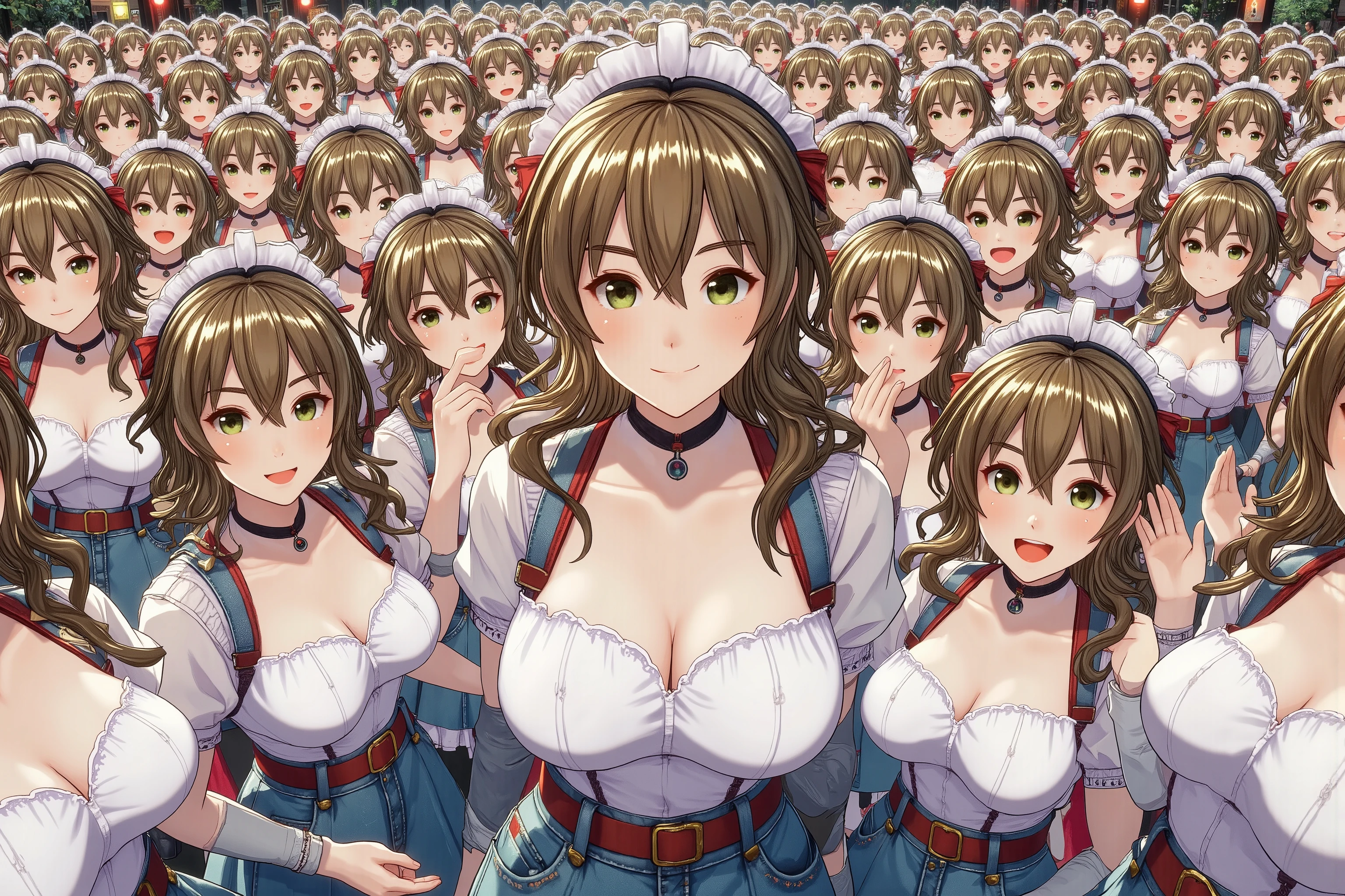 3 girls,huge breasts,cleavage,short hair,crimson hair,smile,open your mouth,maid,dutch angle,close to the viewer,in the meadow