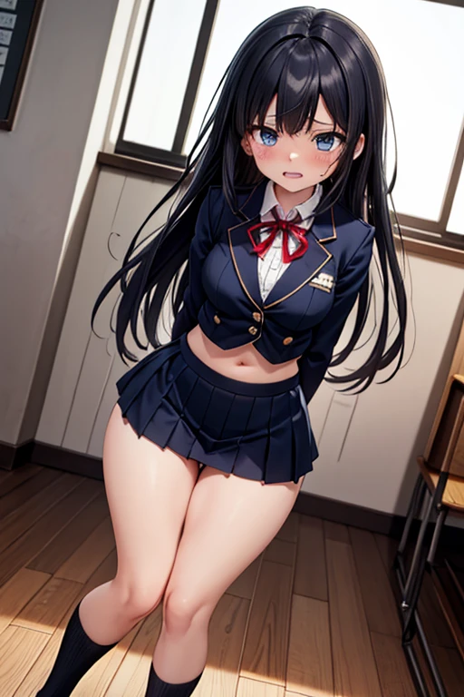 (cute eyes), (8K、Best image quality、highest quality、masterpiece)、Detailed face、Improve、(open mouth), (skinny body),(medium breasts), (school uniform),(Light blue striped underwear), (cleavage), Sit on a chair, Classroom Background, (black stockings), (Thighs:1.2), (Waistline:1.2)
