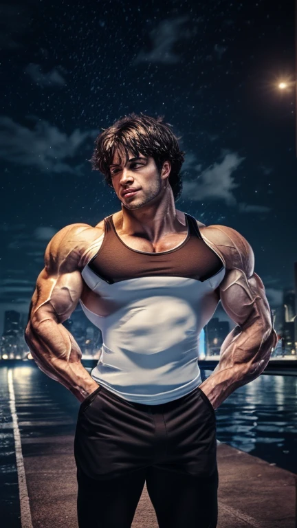 Muscle athletes, Bare chest, The lower body is bare from thighs to feet, Long, flowing curly hair, Meticulous muscle definition, Lifelike depiction, 4K quality. Background: Modern gym with fitness equipment and mirrors,32k ULTRAHD, Best quality, Masterpiece, Super detail, High details