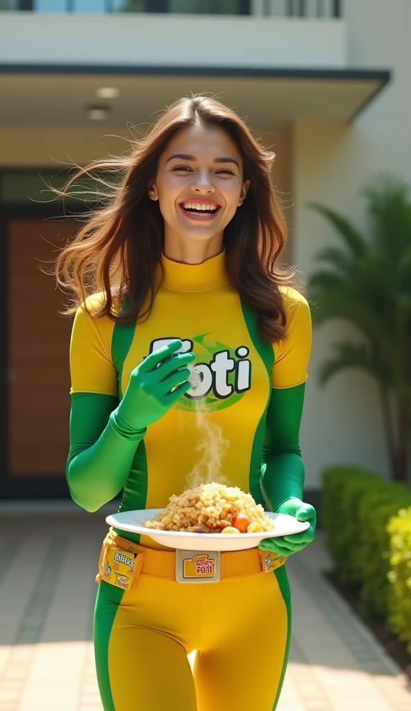 Make a bald woman with big tits with a hot pepperoni in her hand wearing a Corinthians shirt and a Flamengo cap 