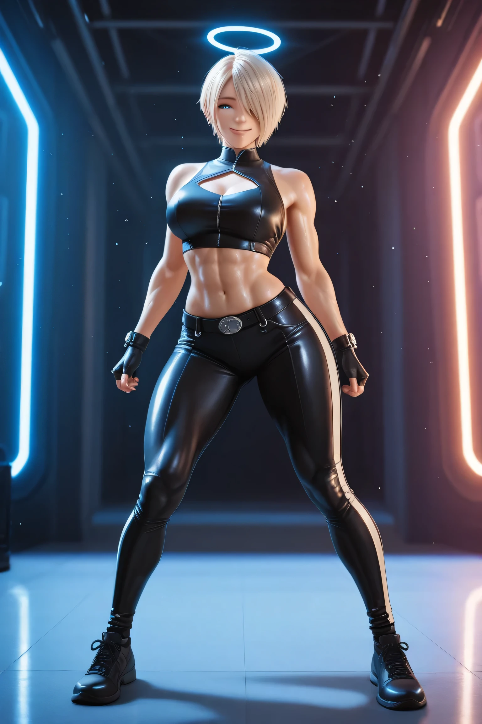 masterpiece, ultra-detailed, photorealistic, Angel from KOF 2002, perfect resemblance to original character design, voluptuous body, larger breasts, toned athletic figure, sensual seductive pose, radiant beautiful smile, sparkling detailed blue eyes, playful expression, silky platinum-blonde hair, messy bangs, black leather crop top with silver trim, tight white fighting pants, black fingerless gloves, confident stance, stunning background inspired by KOF 2022 futuristic arena, glowing neon lights, shimmering metallic structures, floating particles in the air, dynamic light reflections on outfit and skin, cinematic lighting, epic perspective, ultra-high resolution, fine skin texture, hyperrealistic muscles and curves, detailed jewelry, realistic fabric folds, perfect anatomy, vivid colors, no distortions, no watermark, atmospheric depth, photo-realistic composition, glimmering dust particles, cinematic realism, subtle sweat drops reflecting lights, detailed shoes and belt, immersive scene, lens flare effects, 8K quality, sharp focus on her body, gentle soft light enhancing her beauty, slight bokeh background, intense detail everywhere