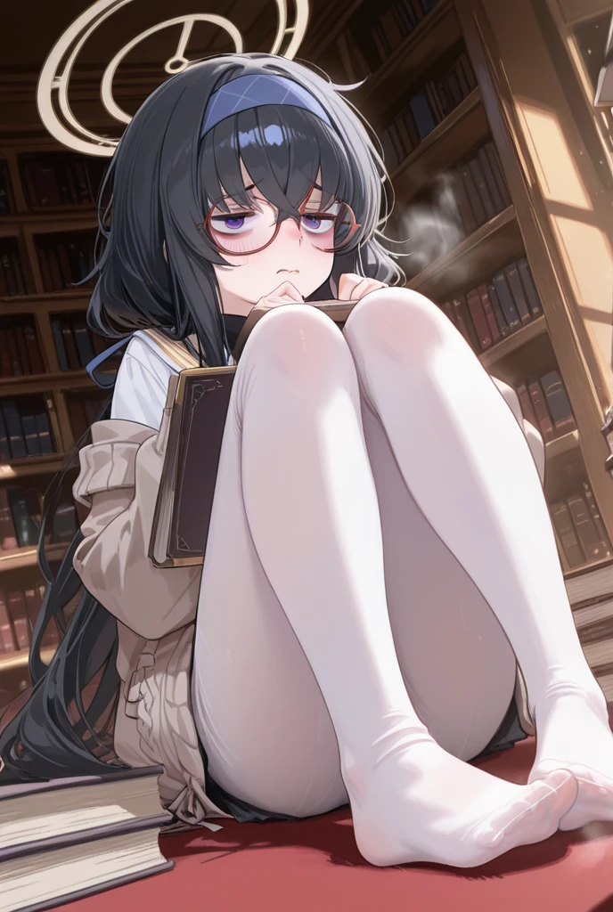 One Girl、Drooping eyeessy Hair、Black Hair、Long Hair、Sale Clothes、tights、Holding a book、Round Glasses、Scared、