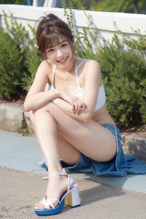 (best quality,4k,8k,highres,masterpiece:1.2),1 beautiful woman,20 age,bikini,35mm lens,f/1,full body shot,large chest,Long Hair with blunt bangs,Wavy Hair,Random hair color,(crawling position on their hands and knees:1.3),soft sunlight,vibrant colors,playful expression