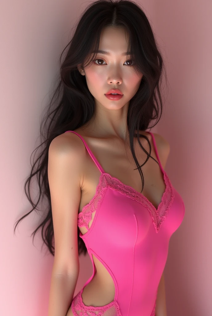 Create a highly realistic, photorealistic image of a young woman with long, straight black hair and fair skin, styled in a light pink lingerie set with a satin bow in the center. She should have large, expressive eyes with long lashes, light makeup with a focus on defined eyebrows and glossy lips. The background is a deep red, patterned curtain. The woman is posed slightly turned to the side, with one shoulder angled forward, her mouth slightly open, and her eyes looking towards the camera. The lighting should be soft and even, highlighting her features without harsh shadows. The overall image should be vibrant and lifelike, indistinguishable from a real photograph.