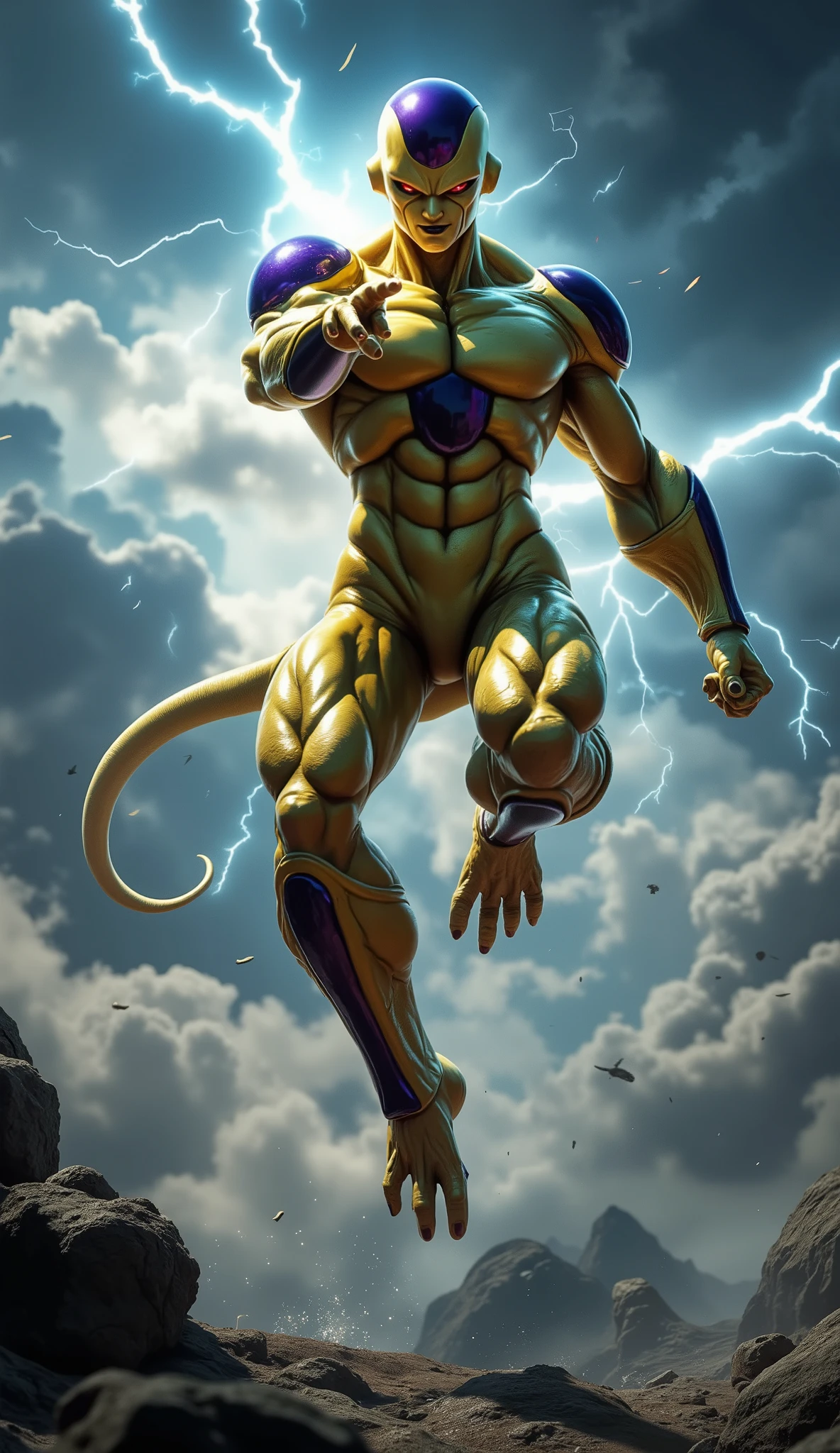 Create a highly realistic and highly detailed CGI rendering of a powerful alien warrior standing and hovering in mid-air in a dynamic battle-ready pose. His muscular, metallic gold body gleams under cinematic lighting, with smooth, reflective dark purple armor plates on his shoulders, , and forearms. His eyes are sharp and fierce, and he points his fingers directly at the camera, his knuckles curled as if charging an energy blast. The background shows a stormy sky filled with violent lightning strikes, enhancing the sense of power and tension. The scene should be Unreal Engine-quality with photorealistic textures, realistic skin reflections, cinematic shadows, high dynamic range, and dramatic atmospheric effects such as wind and energy crackling around the character.