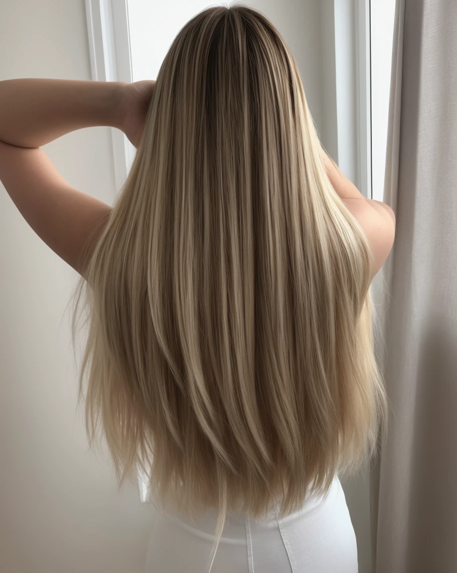 A 23-year-old blonde woman, ((pechos grandes)), ((hiperrealismo)) ,. blonde hair with light brown roots. cabello rubio, Hair with brown roots, long hair, Beautiful, back bent over view, photo taken with iPhone, showing vagina , high quality iPhone,
