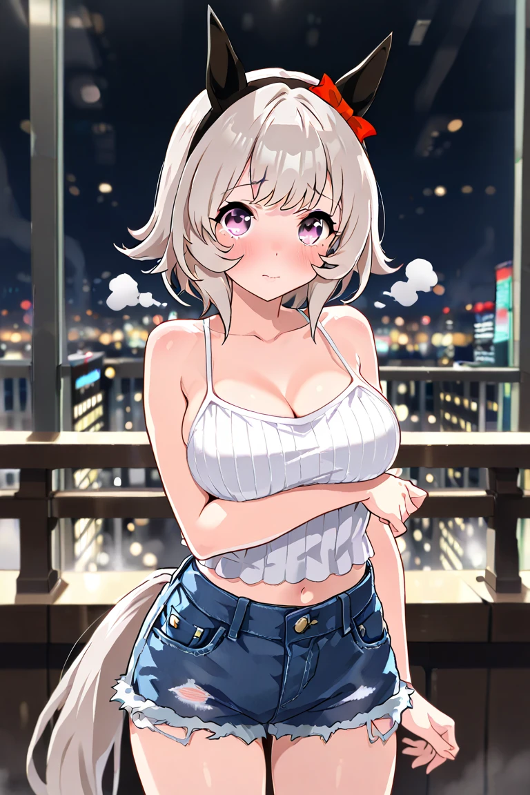 (kinako_(shiratama mochi) style), curren_chan_\umamusume\), ((topless)), nsfw, masterpiece, denim shorts, buttoned, belt, holding smartphone, solo, 1 girl, horse ears, horse tail, erect nipples, nipples, navel, bare breasts, bare stomach, sweaty, cowboy shot, hair ornament, outdoors, dubai, dancing fountain, collarbones, night sky, moonlight, skyscrapers, slim waist, white hair, short hair detailed eyes, beautiful eyes, wet, purple eyes, necklace, winking, peace sign, gold bracelet, gold cutouts, jewelries, city