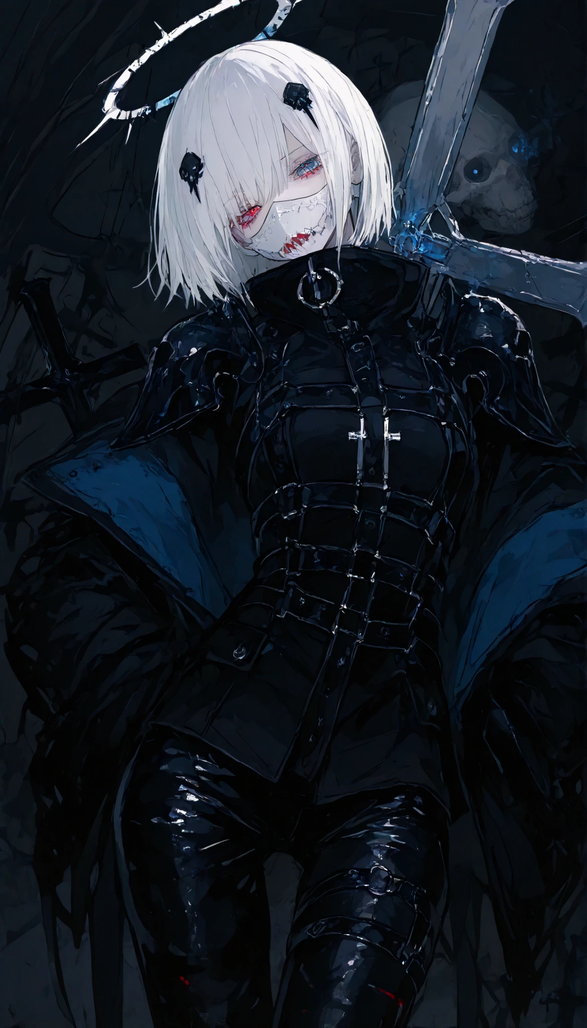 girl,short hair,white hair, x,in blue eyes,Coat,XX,mouth covering,Black suit, Black costume,Black Latex Strap,Long shawl shoulders, black pants ,slim,Skull Head Ornament,Cyberสีดำ,awesome,cross,cute, Assassin ,Fabric pants ,Coatคลุมตัว,x costume, White Mask ,Red right eye and blue left eye, Blue eye and red eye, White Mask ,Slim Leg,Small butt,Black Jacket, Black Shoulder Armor ,Cyber,Coatสีขาว,Hairpin XX, Skirt,Halo on the back, BIG HALO, Giant Cross