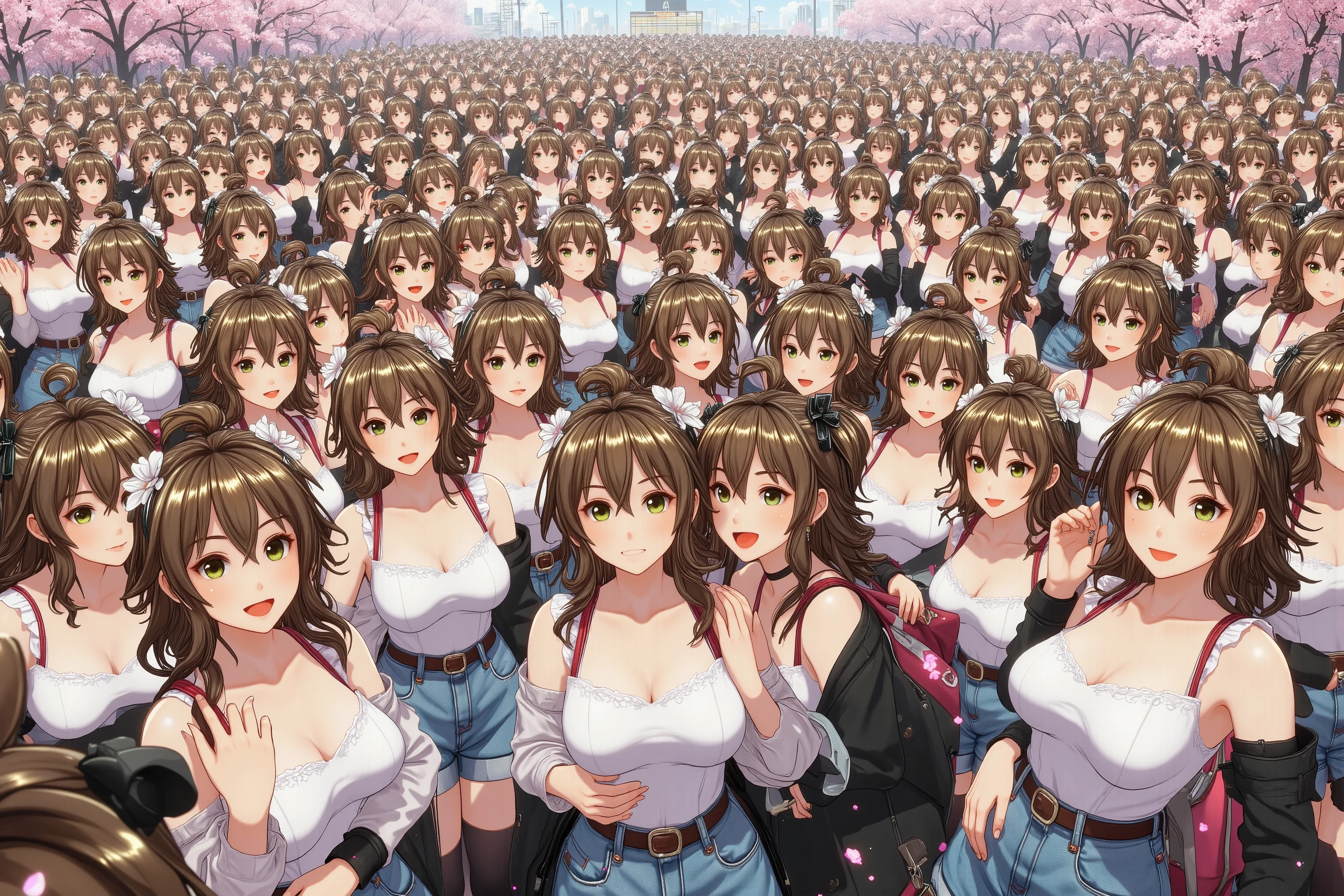 (((Myself=Japanese Beautiful Super Clones multiply girls))), (((((Depiction of Myself Only's Super Clones Multiply Girls hugging each other in a huge crowd, Myself OnlyのSuper Clones multiply girlsはSEXしたい))))), (((high quality Animation Art))), (Super Best masterpiece, 16K, best quality, ultra high resolution, The highest degree of perfection of the work), (((super very cute smile, happy expression, Brown Hair Girl))), (((((Very Beautiful, Detailed and Accurate Female Body Movement, Very accurate and comfortable movement of hands and feet, super big , emphasizes cleavage))))), (((Spring Casual Outfit))), (((Super Clones multiply girlsは世界中で超大増殖))) (Very detailed and accurate1Point perspective drawing, Ultra-wide field of view, Super wide view, Depict various angles, No need for a center subject),