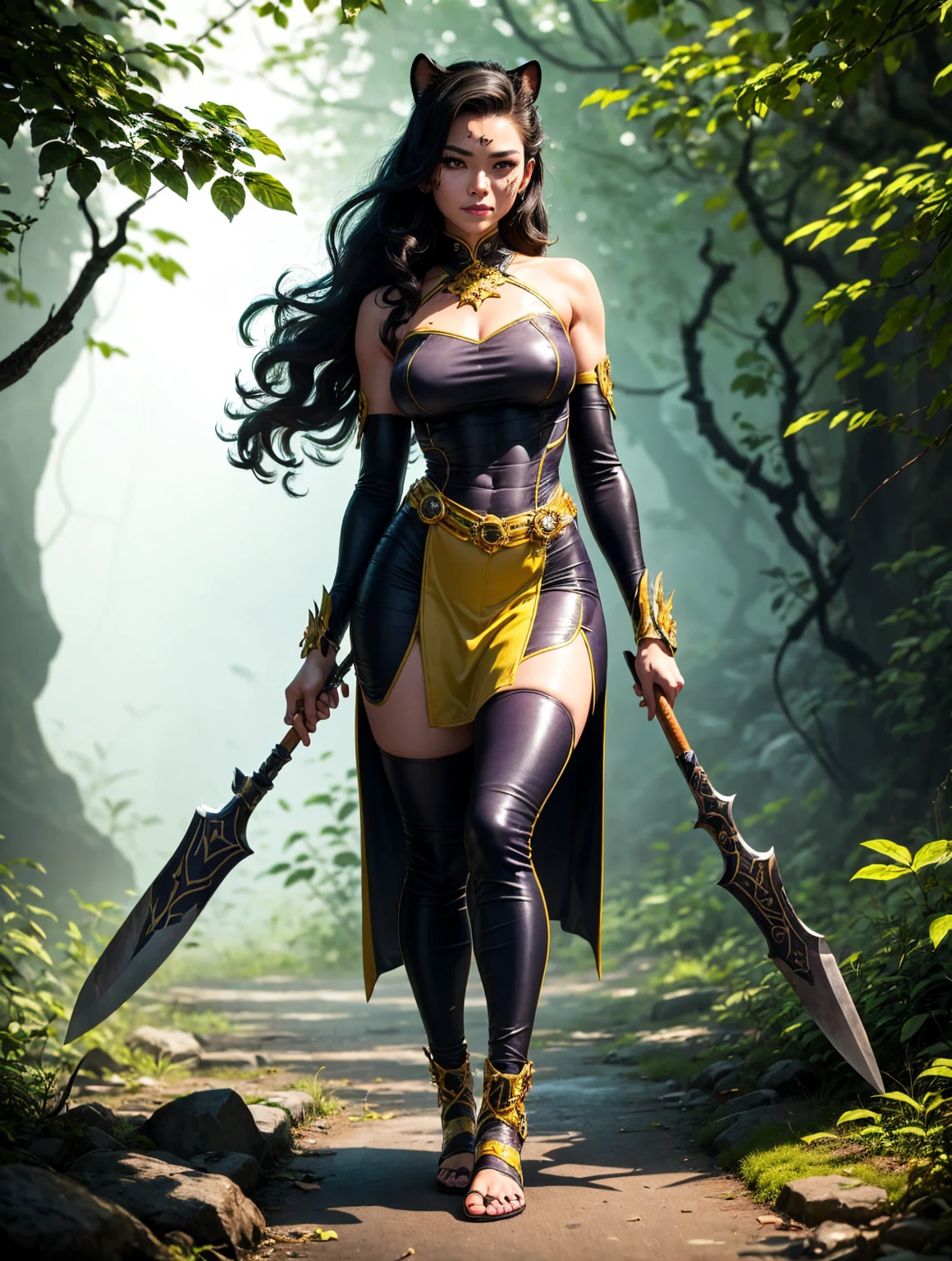 ((Simon Bisley)), Beautiful full-body woman, 30 years old, muscular and perfect body, medieval warrior with little clothing, tiny thong, golden metal bra, arm covered by a metallic armor, large breasts, generous neckline, holding a blood-stained sword, brave face, dark kingdom, sexy pose, walking in a forest
