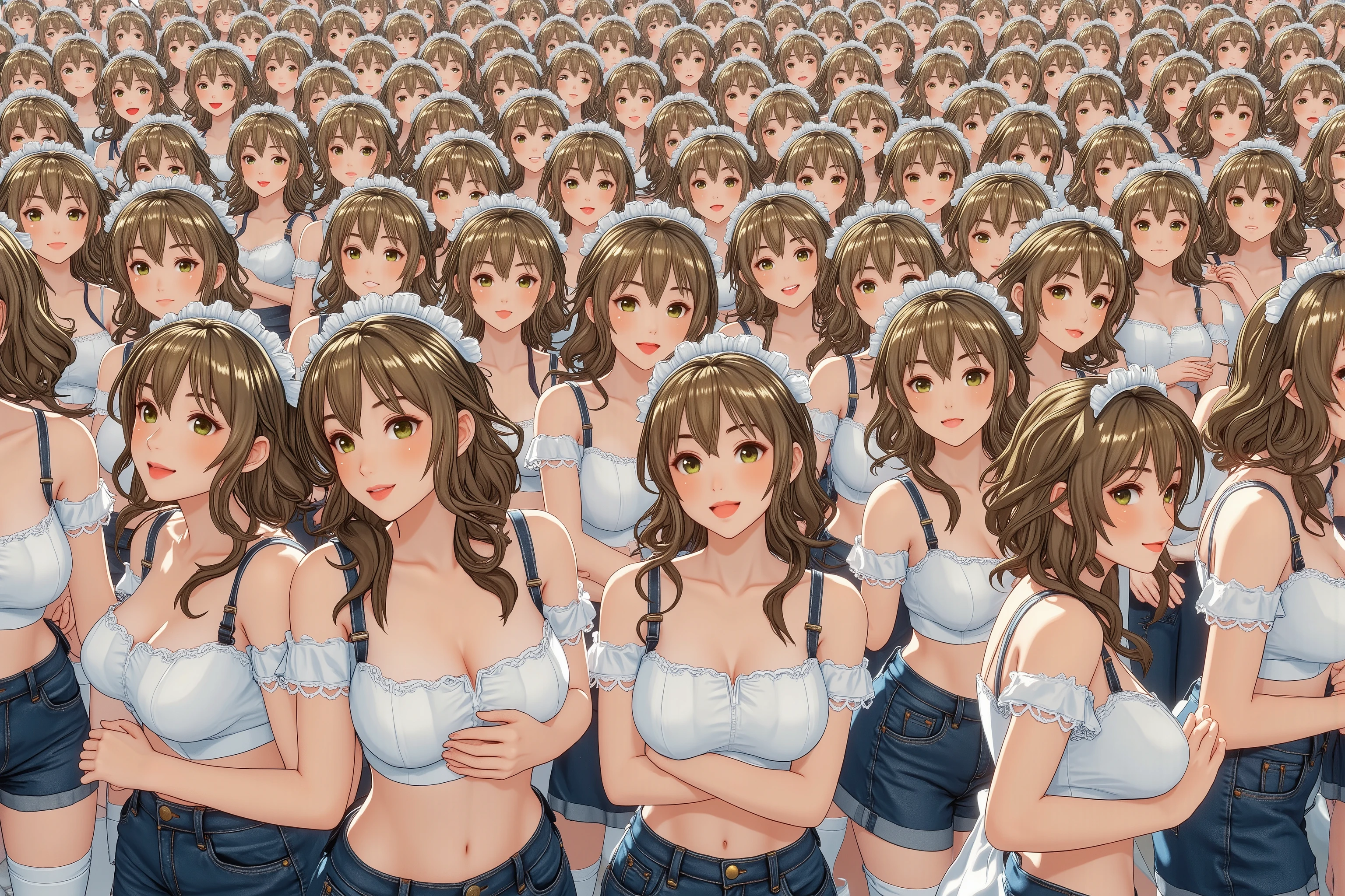 A crowd of clone girls wearing sleeveless white underwears, sleeveless White tank top underwear,sleeveless White camisole underwear, White panties underwear,leather shoes and shoulder bags commuting to work,Everyone in the same underwear,multiple clone girls, 20000+ clone girls,masterpiece,high detailed,best quality,All Girls,Wear only white underwear,brown hair,black eyes,long hair,clone girls