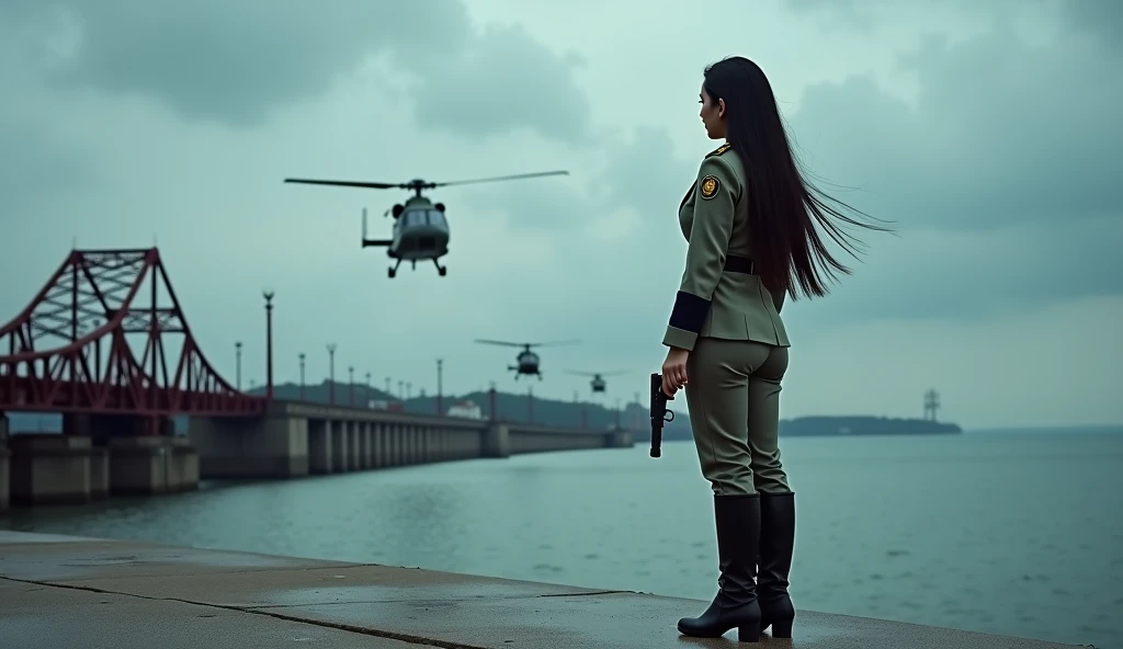 A 30-year-old woman with long black hair wearing military uniform.,Boots, trousers,high-heel boots,full-body shot,side,War Background,seaside,Iron bridge, Helicopters,Dark clouds sky,Science Fiction, dark的心情, full-body shot片,War atmosphere,Excellent detail,full-body shot片,Film Style,Soviet era,dark,Depressing atmosphere,Foggy day