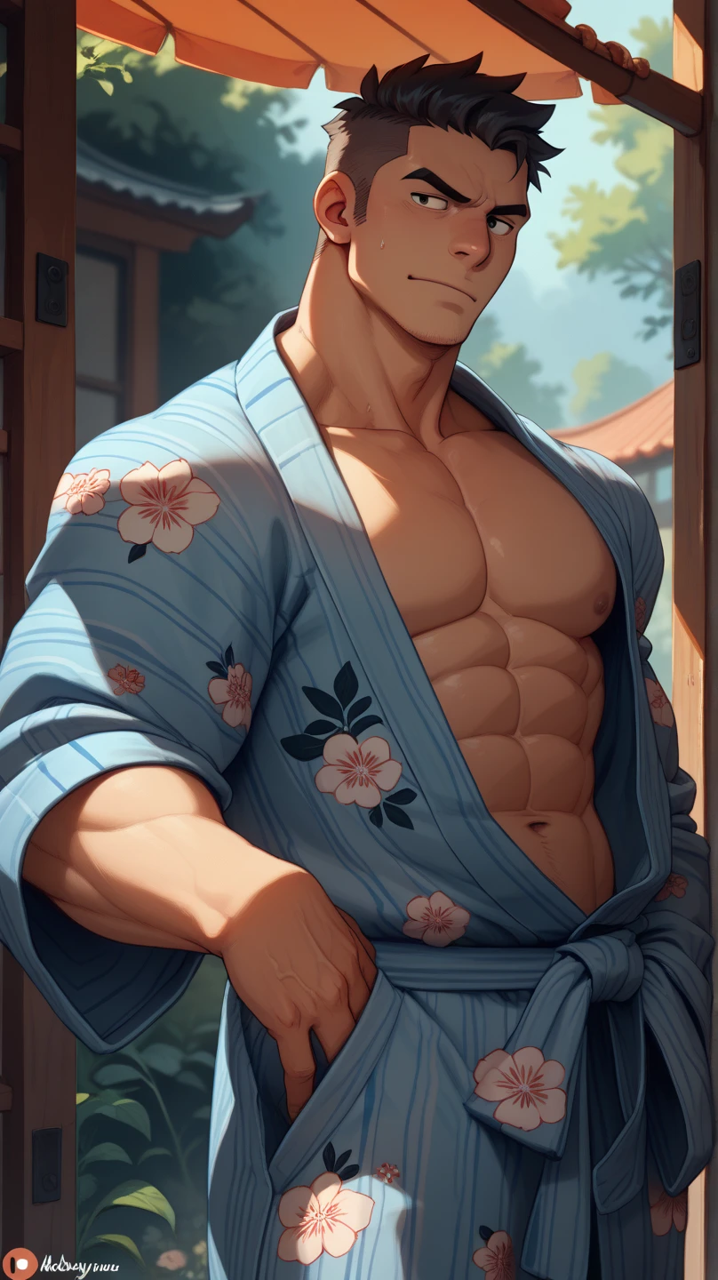absurdres, highres, ultra detailed, HDR, master piece, best quality, perfect face, Ryomen Sukuna, pink hair, expressive red eyes, jujutsu kaisen, solo, sexy man, handsome, toned chest, horny, sensual, erotic, white haori, black boxers, couch, sitting, flowers, petals, room