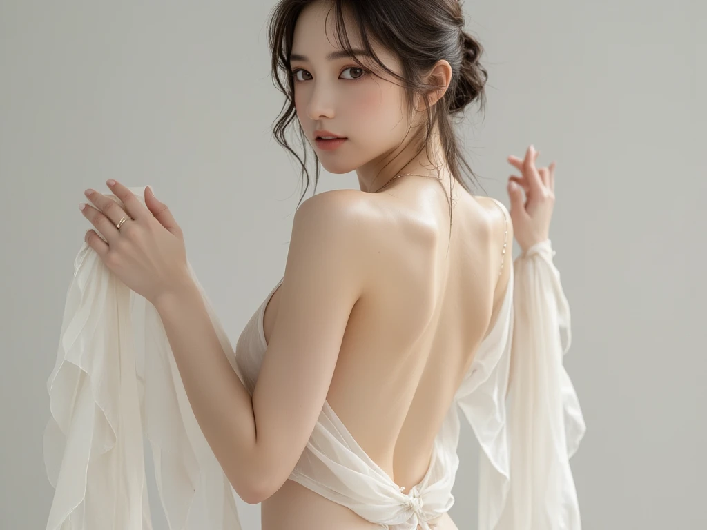 (top quality, Masterpiece, surreal:1.3, Super detailed, ultra high resolution, original photo:1.3), (1 lady, beautiful, sexy famous actress), double eyelids, clear amber eyes, Silky super long hair, Smile, Detailed face, delicate eyes, (Transparent red halter neck bodycon dress,Open from back to buttocks), (After photo.Buttocks cracked:1.3), (Naked waist, Bareback:1.3), The buttocks are large and round,wider hips,thin waist,Larger chest,Straight breasts,depth of field, beautiful,Detailed physically based rendering,In the center of the stage,Show your whole body as much as possible,Dazzling and colorful lights,City lights,Big wavy hairstyle,The bun exposes the neck,perfect hands,Normal human hands,Super detailed的手指细节,No extra hands or legs