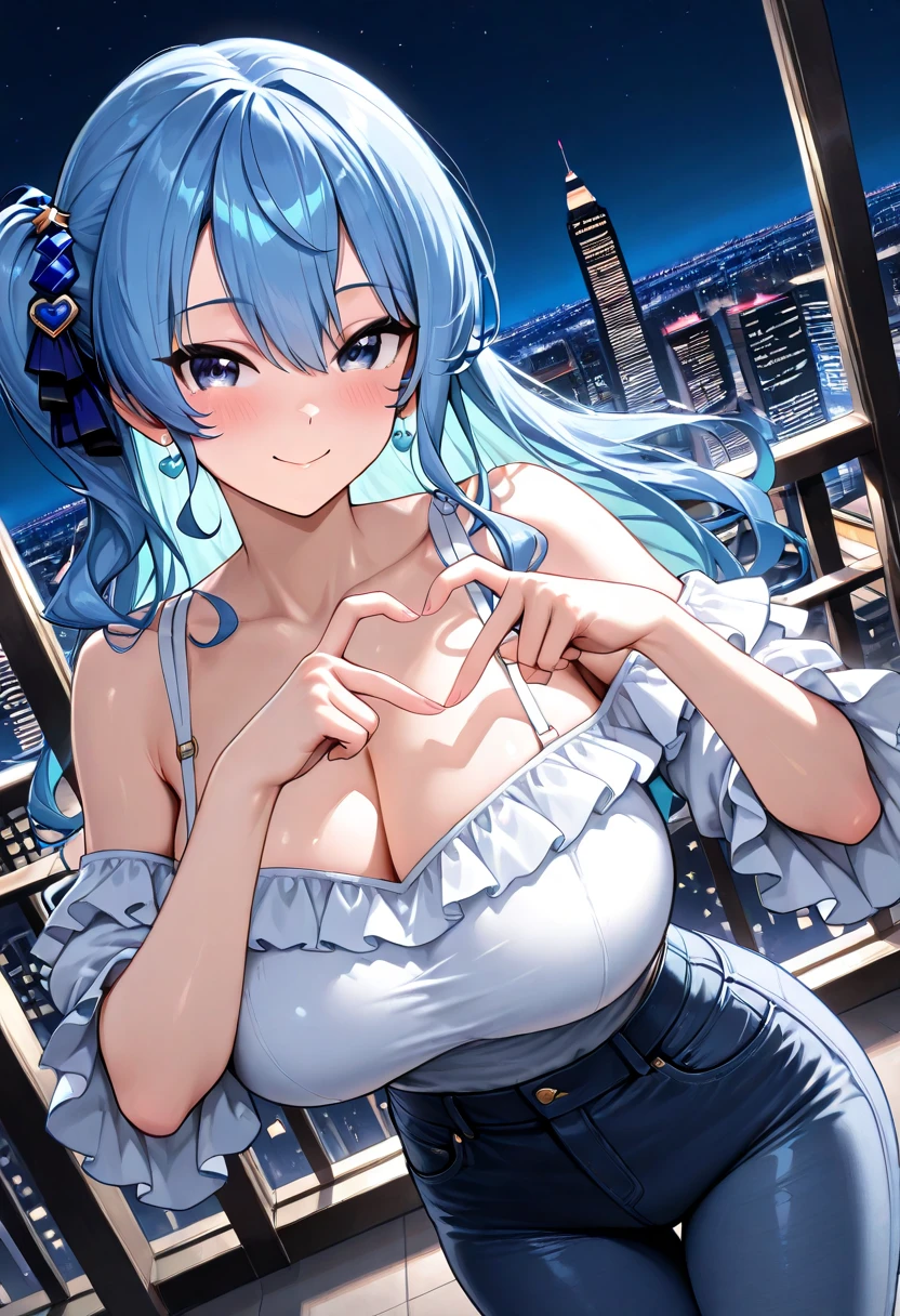 ((highest quality, 8K, masterpiece)),Rem(Re:zero),((Thumbs up(👍️)nice,Good Signs,stick out thumb)),((close one eye,happy smile)), cute beautiful woman with perfect body: 1.4, slim big breasts: 1.2, ((blue hair,short hair, big breasts: 1.2)),smile,happiness,後Light,Light , (small transparent dress, half naked, highly detailed chest, happinessな表情, Are standing: 1.2,mini skirt,cleavage), ((city night view, Balcony Simple: 1.3 Making of a woman)), Highly detailed face and skin texture, fine eyes,