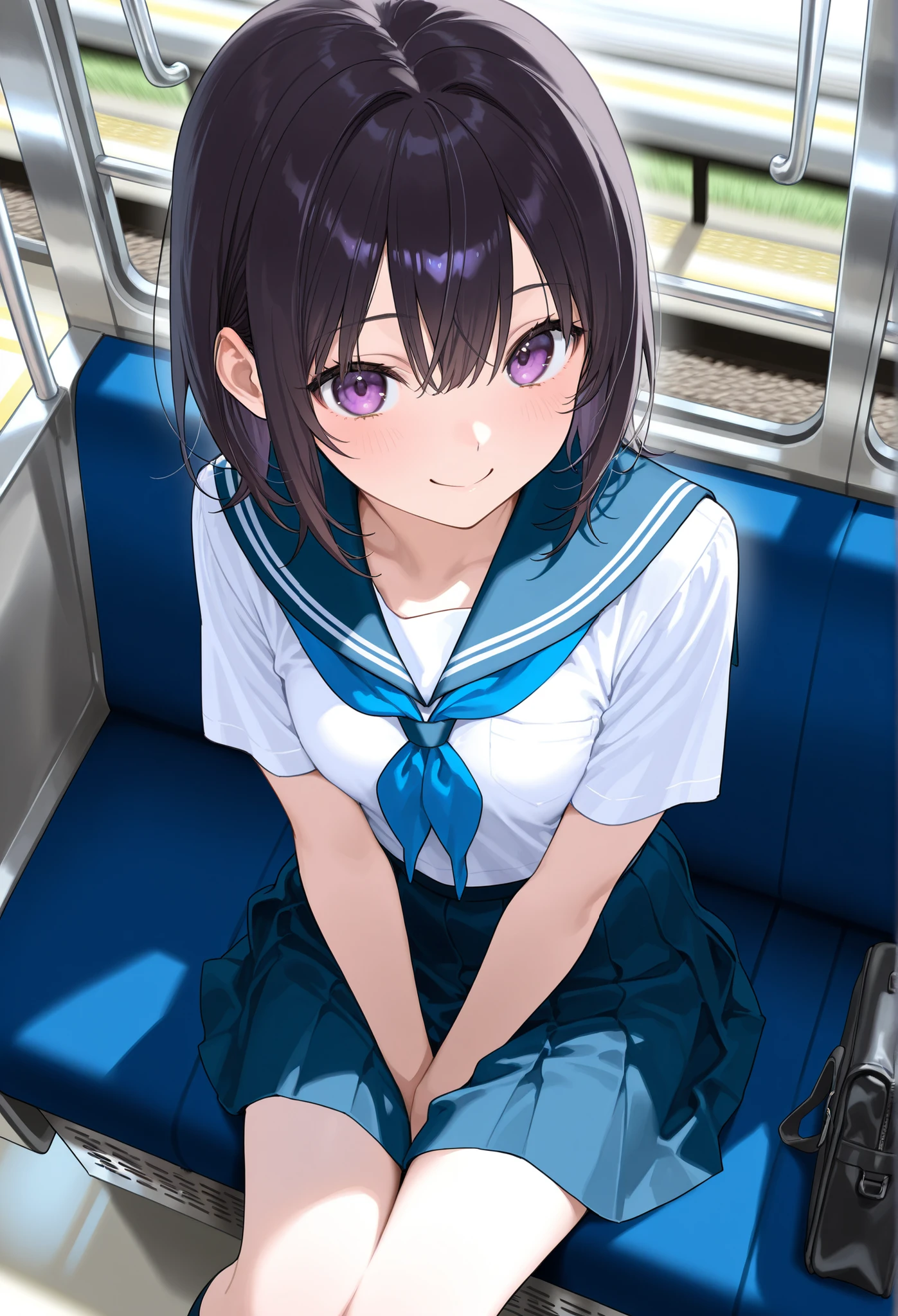 Nsfw,School uniform、dark hair medium、sitting on a train、angle from above、、middle school students、looking at camera、into my hair、 Smile