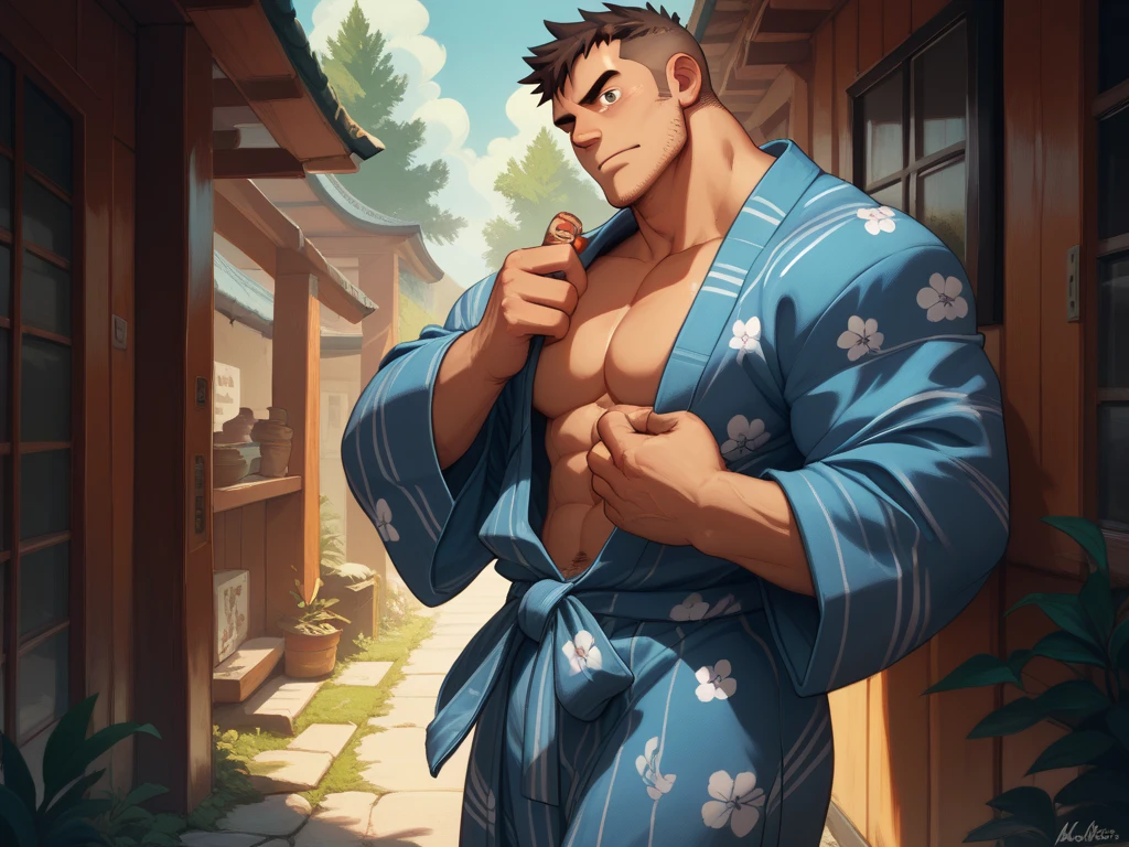 masterpiece, highquality, GoroDaimon,<lora:GoroDaimon:1> masterpiece, best quality, 1guy, solo, smirk, smiling, handsome, (hairy chest), field of flowers, (judo pants:1.4), (hand wraps) pastel colors