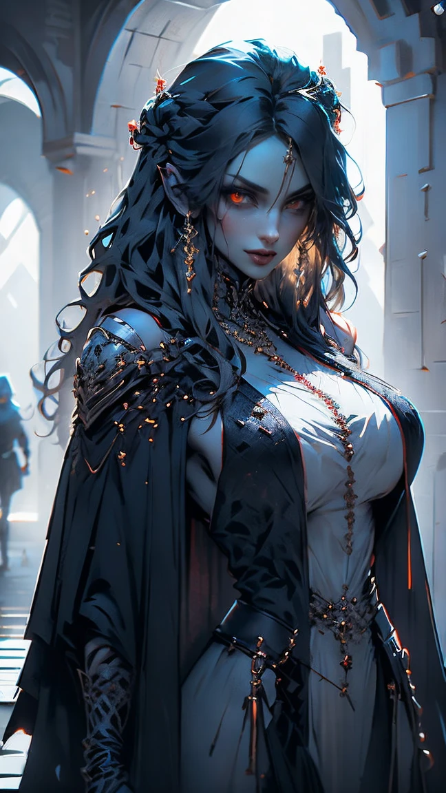 demonic goddess, astarte, mysterious and ominous, glowing blue eyes, graceful yet sinister pose, dramatic lighting, moody and atmospheric, cinematic camera angle, (best quality,4k,8k,highres,masterpiece:1.2),ultra-detailed,(realistic,photorealistic,photo-realistic:1.37), volumetric lighting, golden hour
