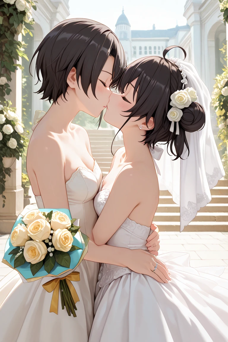 /imagine wedding, a realistic intricately detailed beautiful trans androgynous person ,, , wearing a sleeved turtle necked weaving lace , sockings , open sexy outfit half undressed, wedding gown with a long veil and a long monarch train and a realistic intricately detailed , and handsome man cut hairstyle brown short hair, he is wearing a black latex outfitmaster bdsm ,gloves, collar, hood, standing on a wedding bed featuring floral designs and decorations in the background : cinematic lighting, dynamic lighting, photography, hyper realistic, ultra HD resolution, dynamic lighting blends with natural light, broad Aspect ratio, kissing flirting,