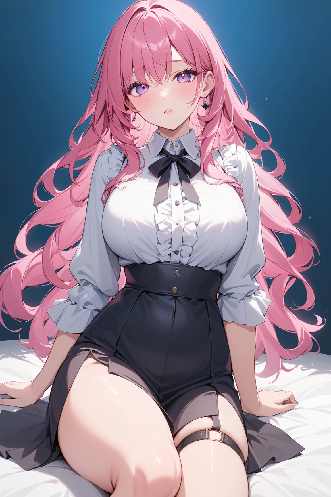 (((1个Giant Breast Girl)),Ray traching,(dim murky lights),[detailedbackground(Bedrooms)),((Silvery hair)),((A pink-haired)),(((((Fluffy silver hair,plump and slender girl))Wears a high ponytail)))Avoid golden eyes in the ominous bedroom((((Girl wears white shirt,Black wrinkled skirt,Wear yours with black sheer pantyhose),It shows a delicate and slender figure and beautiful curves,Correct limbs,sit on a bed,Pregnant belly,Pregnant belly,Pregnant women with