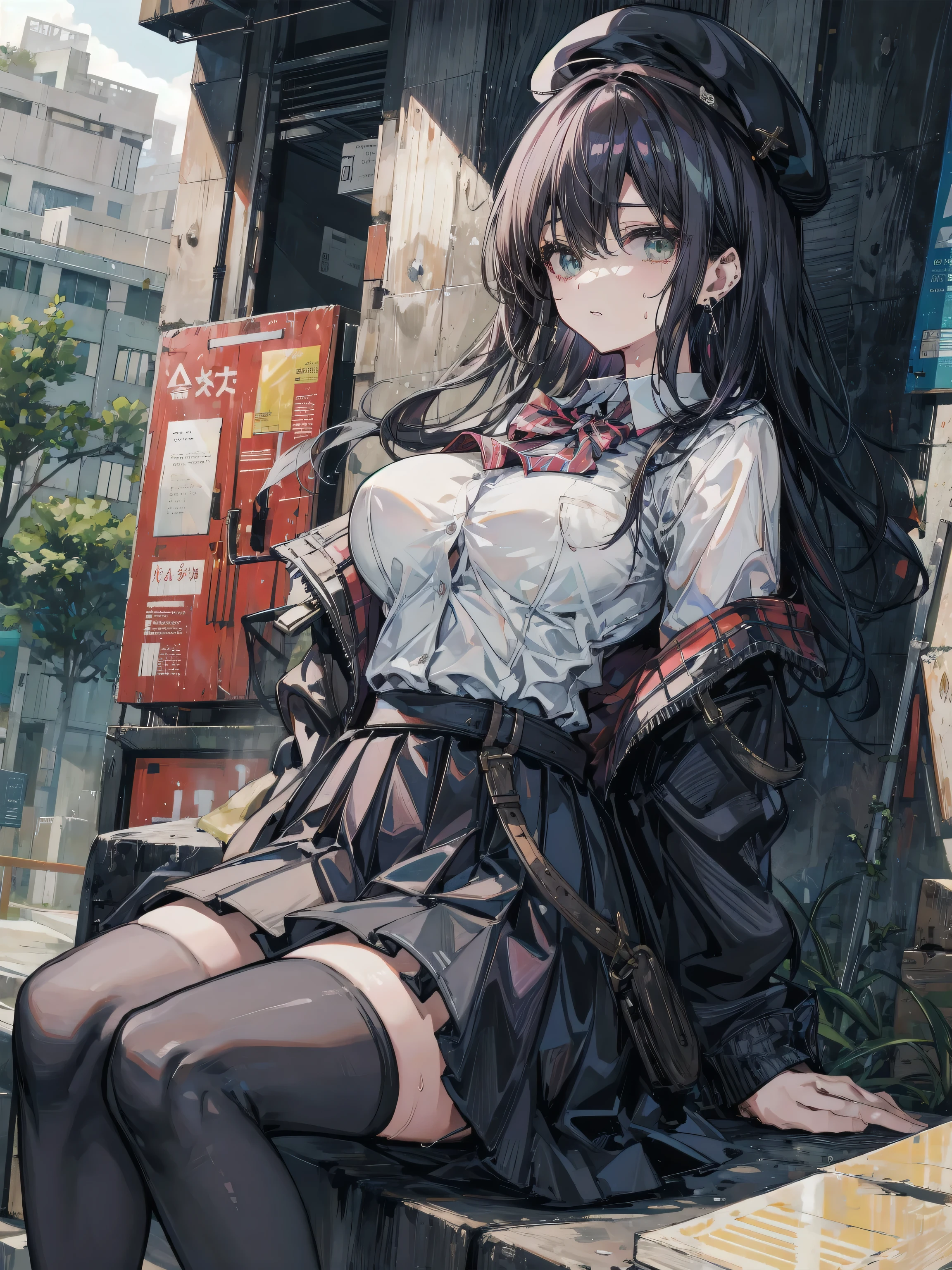 1girl, serious face focus, anime girl, beautiful accurate dark red eyes, long silky black hair, absurdity, body is well proportioned, wearing black uniform outfit, black stockings looking at viewer, she's in the neighborhood, good composure, high resolution, ultrasharp, 8k, masterpiece