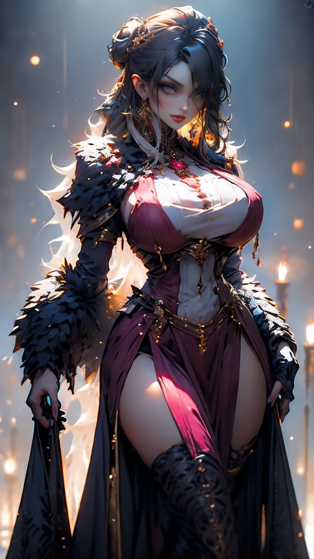 master piece, bokeh, best quality, photorealistic, ultra high resolution, 1 mature female, ultra detailed, (closeup portrait:1.2), ultra hd, antialiasing,
(black fur red cloak:1.2), (long red dress), (black dragon bone full body armor), intricate silver embroidery,
beautiful red eyes, (ultra detailed sexy armpit:1.4), glossy skin, super huge ample breasts, long black hair, tanned skin,
(desert castle), strong back lighting, volumetric lighting, soft lighting, overhead lighting, dreamy