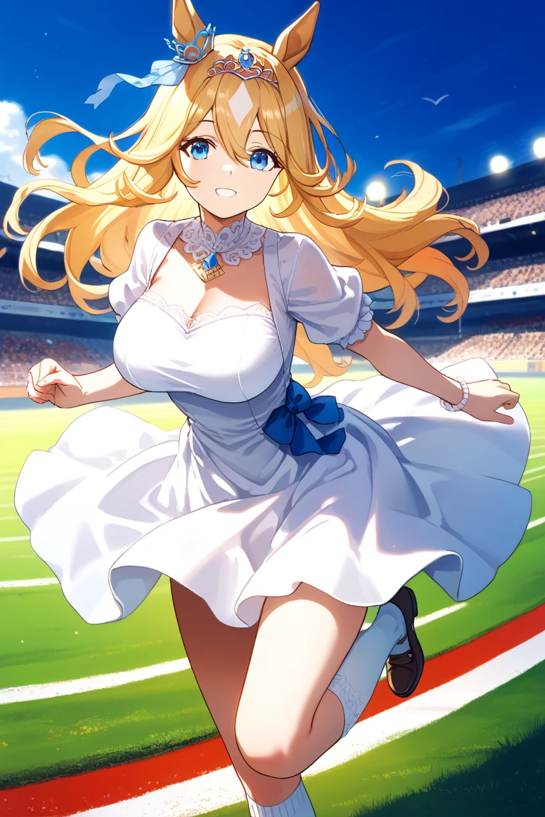 masterpiece, best quality, absurdres, perfect anatomy, 1girl, solo, Sena Kashiwazaki, long hair, butterfly hair ornament, HaruCheerUniform, blue skirt, smile, stadium scene