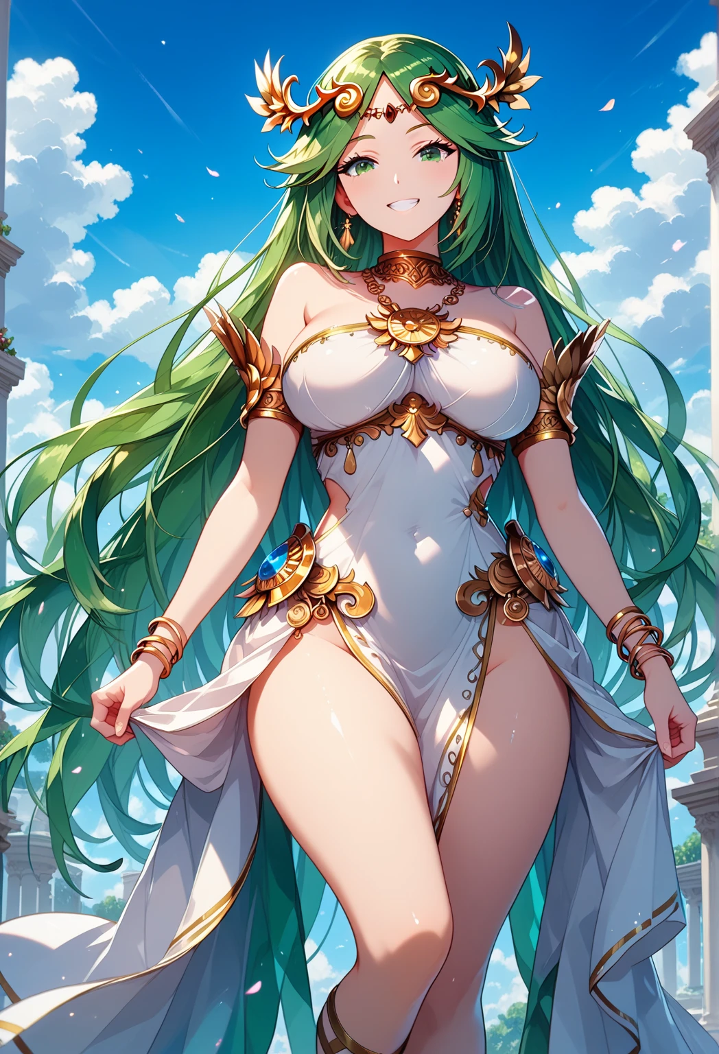 Beautiful girl with cyan hair and black body, six arms,Goblin,Pointed nails,Green skin with white tattoos,Gold Bikini,Thong,Transparent long skirt,,barefoot,valley