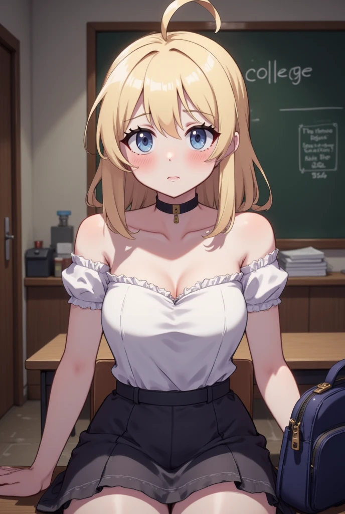 hui xiyi, rekkyo sensen, rekkyou sensen, black hair, tits cleavage, smile, face palm, breasts close up, suspenders, solo focus, off shoulder, off-shoulder sleeves, medium hair, camisole, belt, blue clothes, big breasts, khaki clothes, masterpiece, high quality, best quality, upper body, exposed breasts, fork