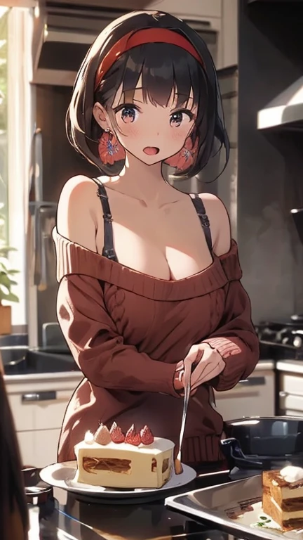 (small breasts:1.3), (perky chest:1.1), (pointed chest:1.0), (Pudding cake magazine cover:1.3)，(from above:1.0),(from side:0.9),masterpiece, 1girl, Amazing Cleavage:1.1, thin waist, big ass, Raised sexy, small breast: 1.3, sexy posed cleavage:1.2,solo, open mouth, have a cute grass of cute beergrass,bronde hair, dark blue eyes, dress, bare shoulders, jewelry, collarbone, sidelocks, hairband, earrings, indoors, off shoulder, sweater, arms behind back, plant, short hair with long locks, gild hairband, sweater dress:1.2, off-shoulder sweater, red sweater, dark gord hair, big side hair, very long side hair,is rendered in (masterpiece: 1.2, best quality), with (ultra high resolution) and an exquisite (depth of field). This masterpiece is not only visually stunning but also tells,A scene of cooking in the kitchen in the classroom ,looking at viewer, 