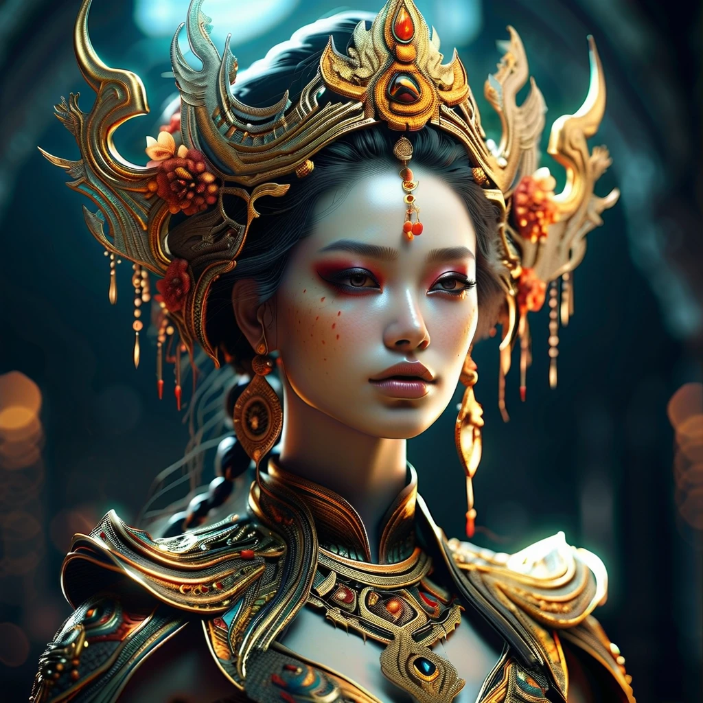 Painting style: Beautiful princess of the underworld Weird bad smile Delicate tattoo Anime 3D art style 3D face Very delicate face Dark Late night Black sky Horror ((Cold complex skull accessories )) (Guvez style artwork) ((Black Chinese-style underground palace with huge complex structure in background))Leica lens Depth of field (Masterpiece, top quality, best quality, official art, beauty and aesthetics: 1.2), (1girl: 1.3), (fractal art) --V6 --q2 --s10