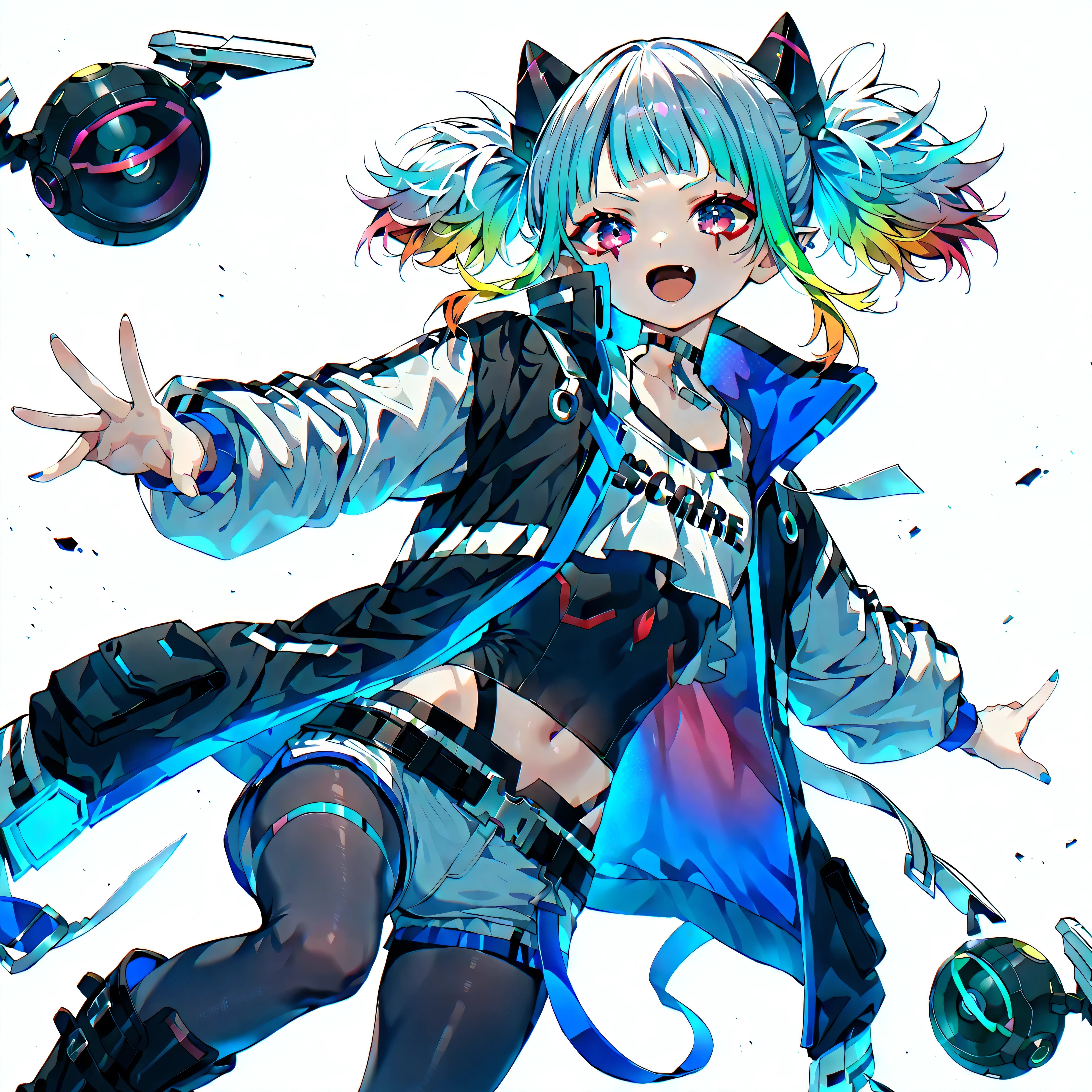 high image quality、High Quality、solo、multicolored hair、stupid hair、black pantyhose 、Boyish clothes、fang、thick soled boots、 asymmetric hair 、 simple eyes 、white background、standing, casual shorts with very intricate openings、full body、low short twin tails, dynamic angle、doyagao、Cyberpunk