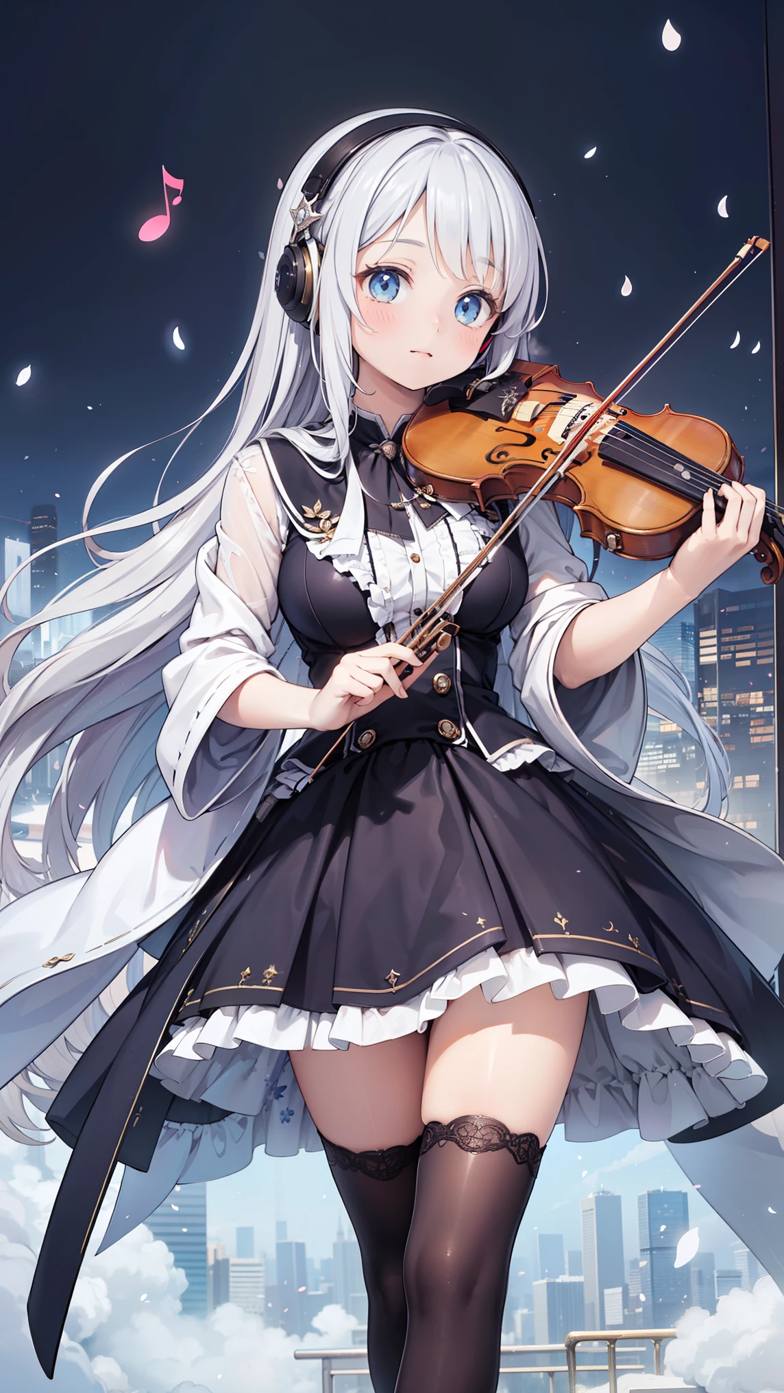 ( masterpiece:1.3), (Best Quality:1.3), (ultra-fine:1.2), (Highly Detailed Skins:1.2), (fine facial details:1.1), (realistic shadows:1.1),meticulous hands; 1 Girl:1.2, alone,ethereal musical metropolis, Skyscraper with luminous musical notes:1.2, luminous notes spiraling upwards:1.1, flowing sound waves across the skyline:1.1, A city formed by rhythm, and purple ambient neon lights; Dreamy atmosphere; young music student girl with flowing silver hair:1.2, An elegant pose playing a glowing violin:1.2, School uniform with subtle musical motifs, Delicate headphones that glow gently:1.1, gentle expression, Standing gracefully,notes fly around her:1.1, surrounding her magical treble score; falling like petals Sparkling notes:1.2, Twilight sky full of floating scores and symbols, Rainbow-like haze; _ movie lights, , volumetric light falling through clouds in the shape of musical notes:1.1 _ Soft depth of field, Smooth Gradient, Fantasy anime style:1.1, bright color palette