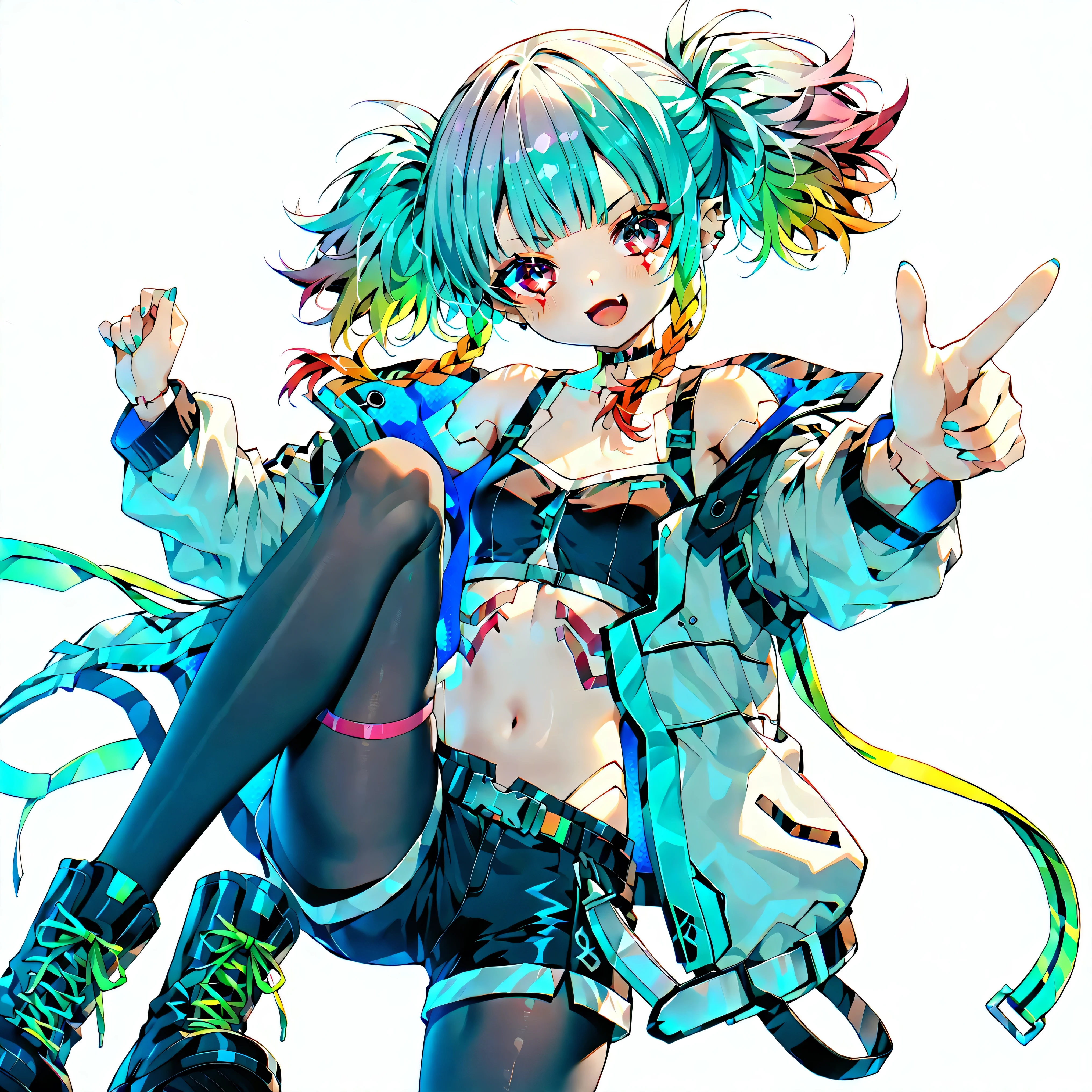 high image quality、High Quality、solo、multicolored hair、stupid hair、black pantyhose 、Boyish clothes、fang、thick soled boots、 asymmetric hair 、 simple eyes 、white background、standing, casual shorts with very intricate openings、full body、low short twin tails, dynamic angle、doyagao、Cyberpunk