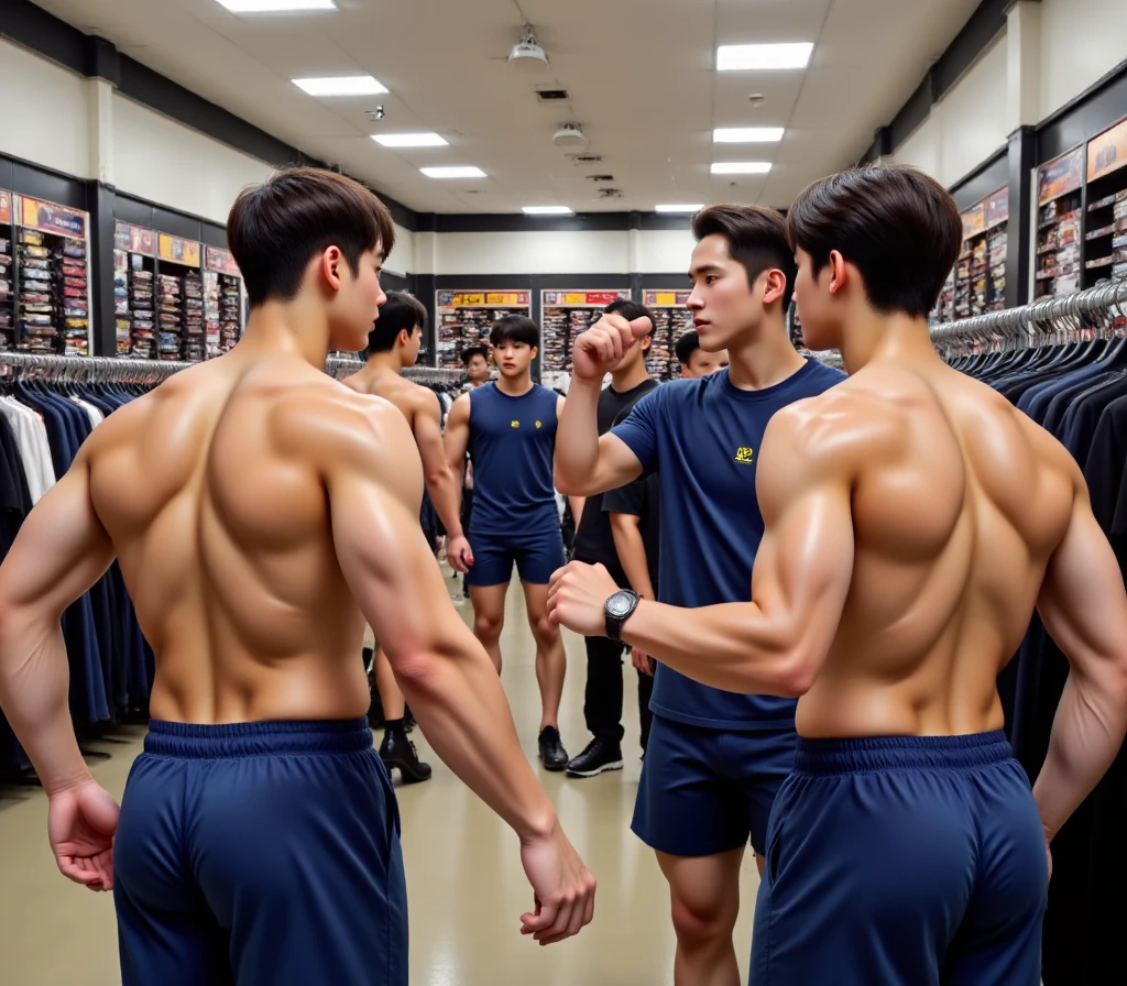 Two enormous athletes looking bad and overwhelming and wrestling back a short slim twink man between them, at abandoned gym