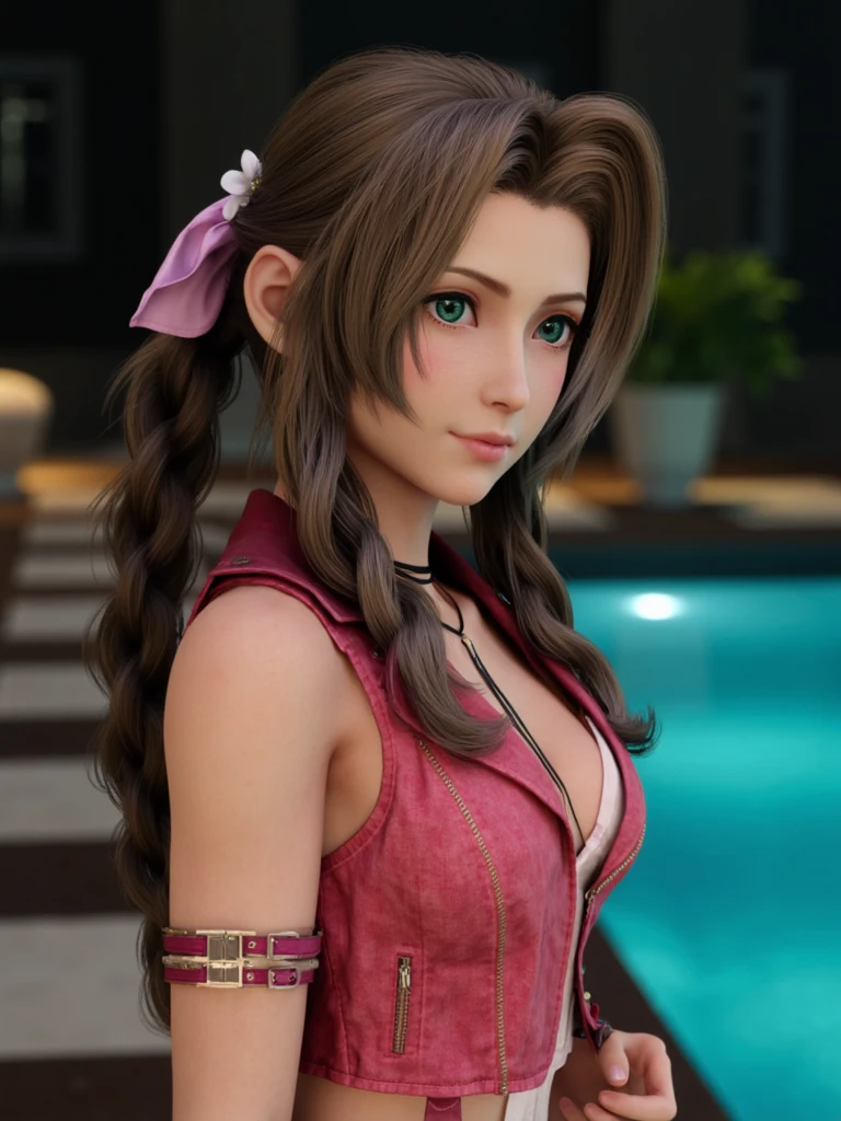 1 realistic MIAOKA _ Aerith 】(Unique Edition)Alice,  perfet body, perfect face,thin curved eyebrows, long luscious  eyelashes, black eyeliner, black eye shadow, rosie cheeks, dark lipstick,  large voluptuous curved breasts, Tattooed, complete fullbody, back drop of final fantasy midgar daytime 