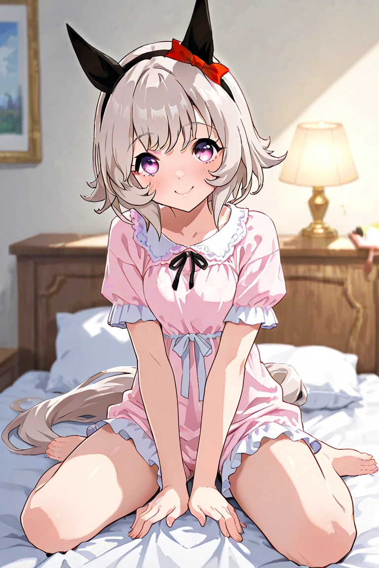 indoor,((hospital)),hospitalのベッド,breast focus, Green Eyes, Grey Hair, hair ornaments, bangs, Virtual YouTuber, Shine, blunt bangs, Double Bang, Animal ears, Flat Chest,Pink nurse uniform,Nurse hat,blush, ,, smile, orgasm,in heat,Pink bra,1boy, male,mouth in vagina,,Men are down,Woman on top