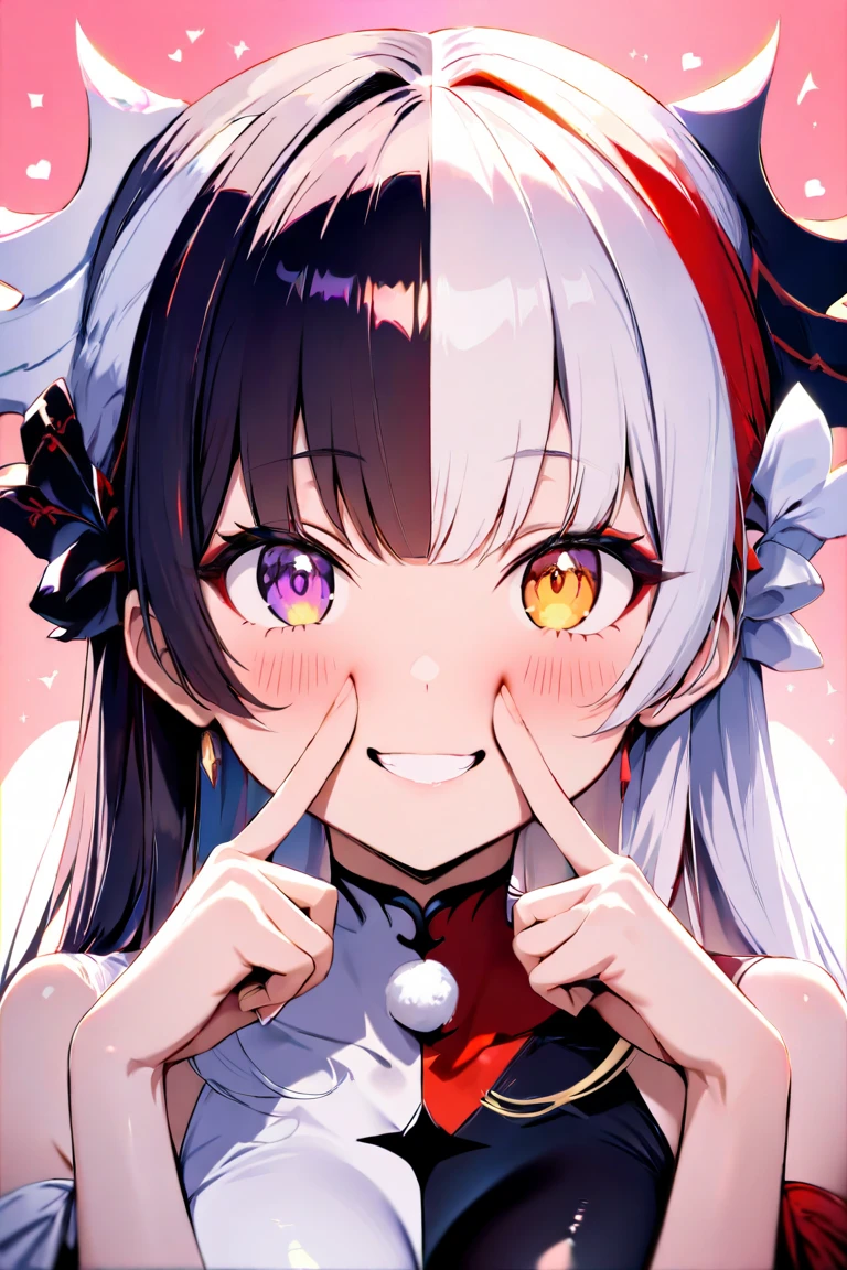 Himiko robe with blood stained mouth and a card with a blue eagle logo in her hands, his expression is curious with a smile