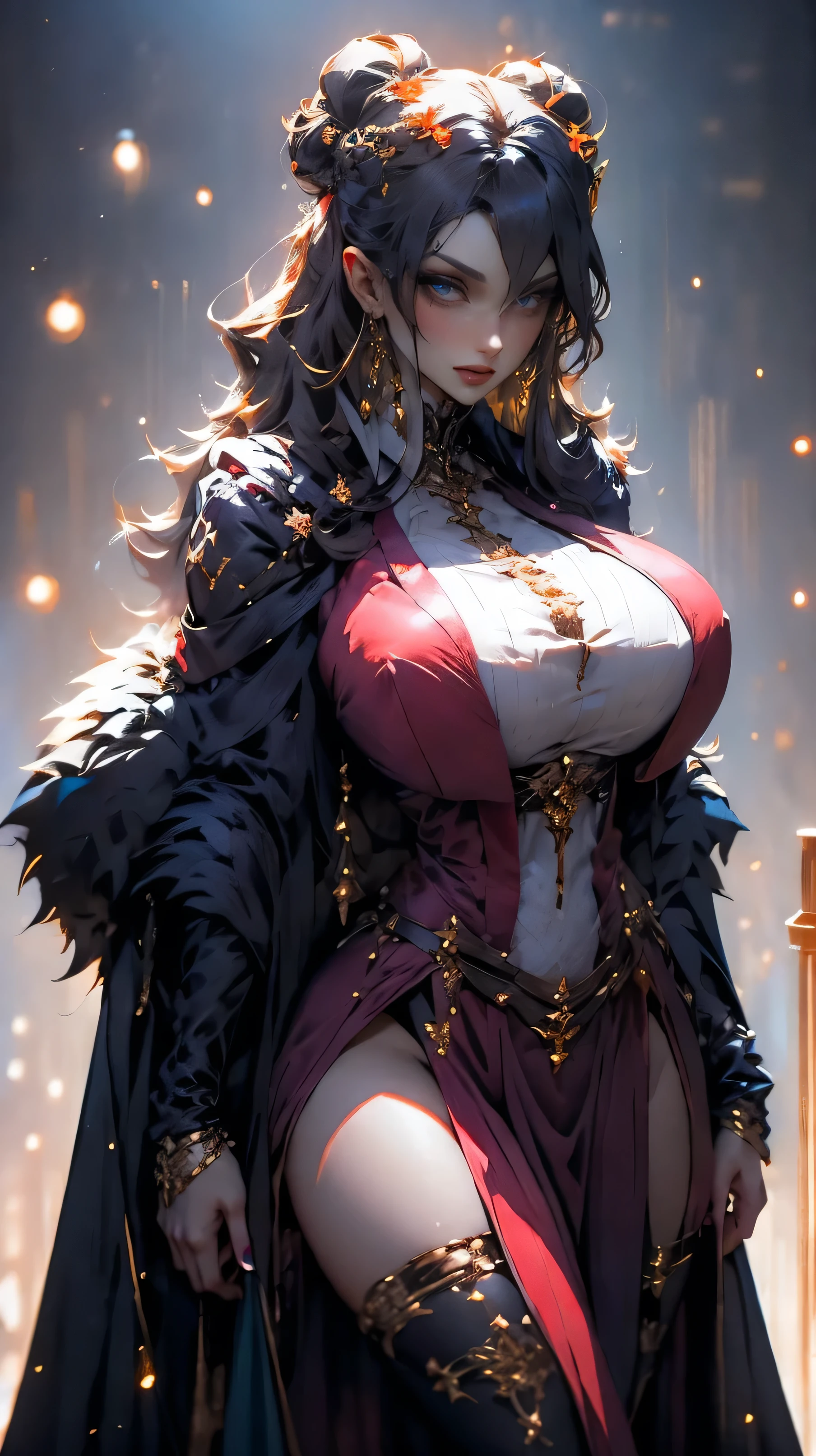 (RAW Photos:1.5), (Realistic:1.5), (Photorealistic:1.5), Ultra-high resolution, masterpiece, Highest quality, Perfect lighting, Detailed lighting, Dramatic Shadows, Ray Tracing, ((Sharp focus:1.2)), 1 Beautiful Japanese lady, 20-year-old, ((Idol face)), ((Voluptuous body:1.35)), Cleavage, ((Beautiful attention to detail:1.5)), Red lips, ((Pale skin:1.2)), ((Big Breasts:1.2)), Narrow waist, Big Ass, Thick and wide thighs, Straight long hair, Black Hair, Mouth half open, View your viewers, ((sexy wizard robe:1.2)), ((fantasy cloak:1.5)), ((Fantasy medieval castle:1.2)), From below, Leg spread, smile, standing sexy pose,