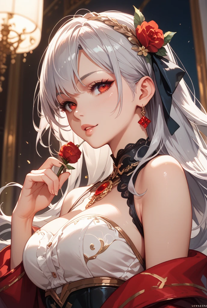 a close up of a woman in a red dress with roses, extravagant dress, 8k highly detailed , dressed beautiful gown, wearing a wonderful dress, red dress, detailed dress and face, all red, beautiful gown, gown, elegant red dress, red, wearing a wonderful dress, exquisite digital illustration,The most beautiful woman in the world、white hair、white eyes、best style、beautiful legs、whole body